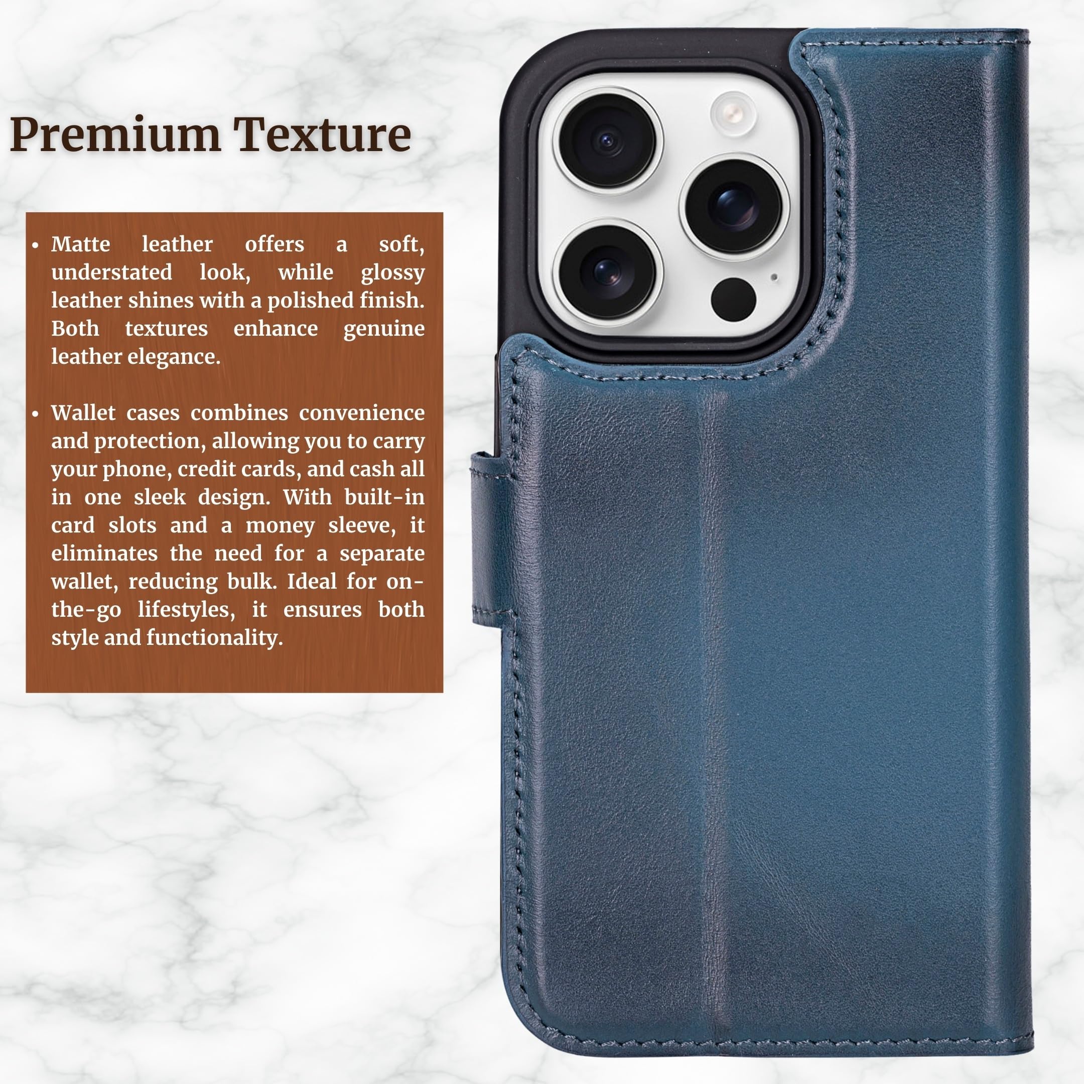 VENOULT Detachable Wallet Case for iPhone 15 Pro MAX - Genuine Leather Magsafe Compatible Cover with 4 Card Slots, RFID Protection & Kickstand | Slim Folio Design for Men & Women (Admiral Blue) | Perfect for Work, Travel & Everyday Use