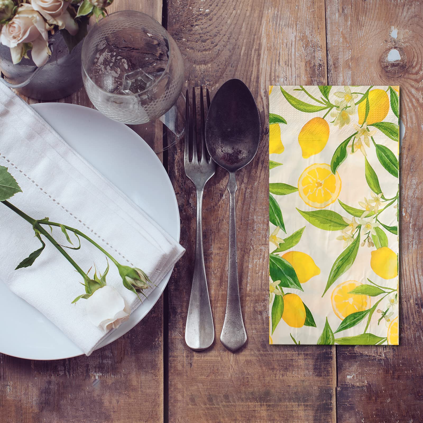 100-Pack Lemon Guest Towels | Citrus Fruit Printed Disposable Paper Napkins for Bathroom, Kitchen, Party | Soft Hand Towels for Weddings, Baby Showers, Holidays & Special Events | Eco-Friendly & Absorbent for Home & Commercial Use
