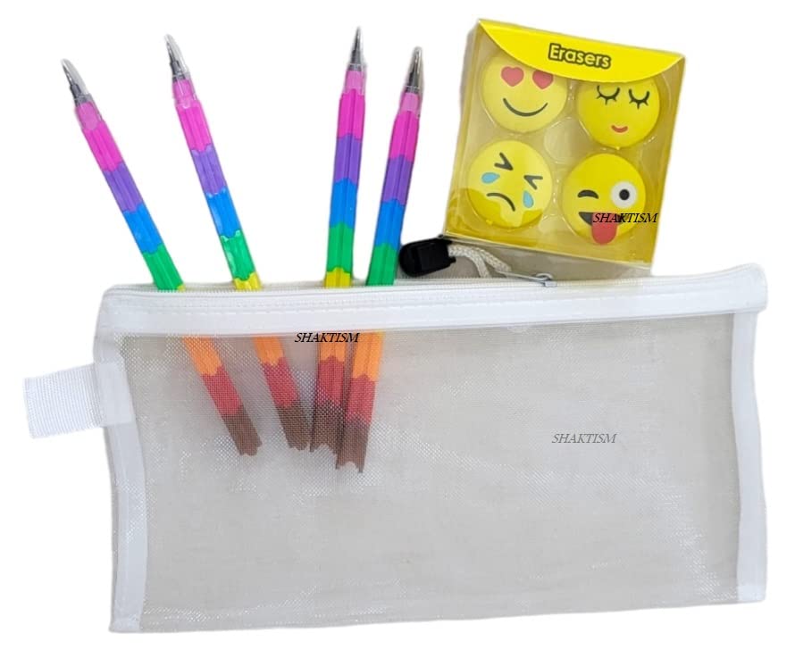 Shaktism Mechanical Pencils & Eraser Set - 12-Piece Writing Kit with Emoji-Shaped Erasers, Transparent Pouch for School, Office & Art | Perfect Gift for Kids, Boys & Girls | Back to School Supplies, Birthday Present & Classroom Essentials