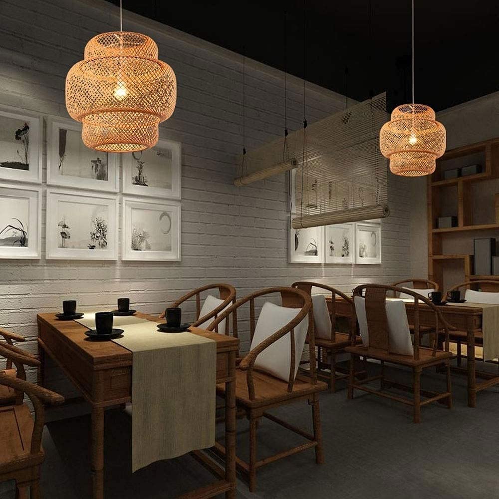 Modern Chinese Style Bamboo Hanging Lamp - Hand-Woven Art Lantern Chandelier with Bamboo Wicker Lampshade E27 Socket - Perfect for Living Room, LOFT, Bedroom & Dining Room Lighting Decor