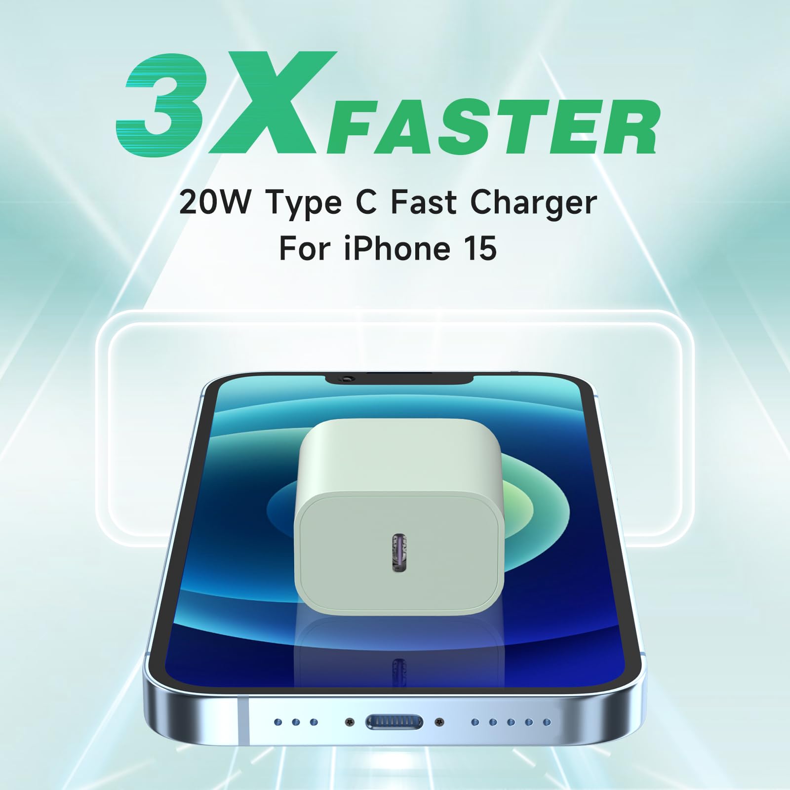 20W USB C Fast Charger Block for iPhone 15/15 Pro/15 Pro Max & iPad Pro - 2 Pack with 6FT Nylon Braided USB C to C Cable (Blue/Green) - Fast Charging for Travel, Home & Office Use