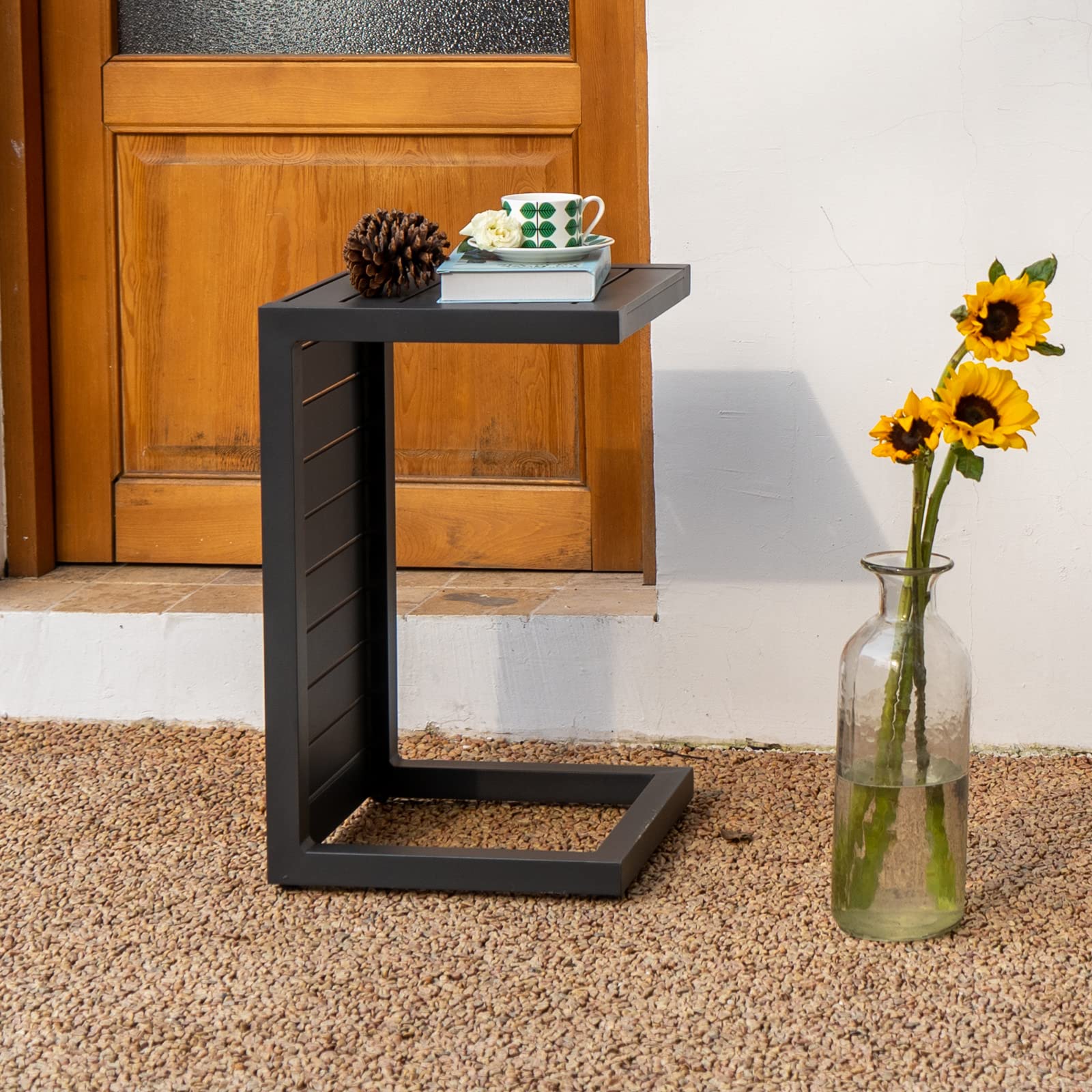 **Outdoor Aluminum C-Shaped End Table - Weather-Resistant Patio Side Table for Sofa Set, Grey Frame - Perfect for Garden, Balcony & Poolside Relaxation**