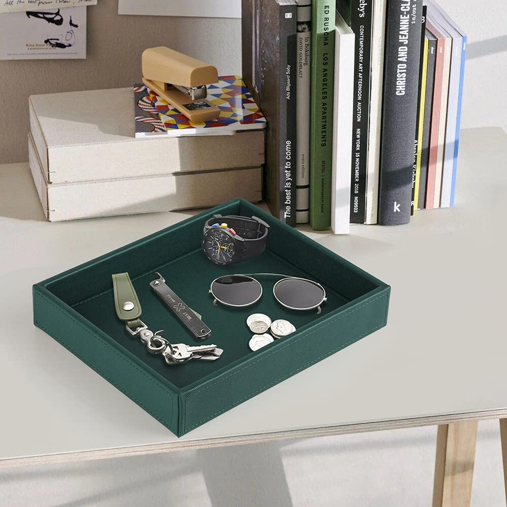 HofferRuffer Faux Leather Decorative Tray - Elegant Desktop Storage Organizer & Vanity Catchall Tray for Perfume, Jewelry, Keys | 10.2 x 8.4 x 1.8 Inches Dark Green | Perfect for Nightstand, Dresser, Office Desk & Bathroom Counter Organization