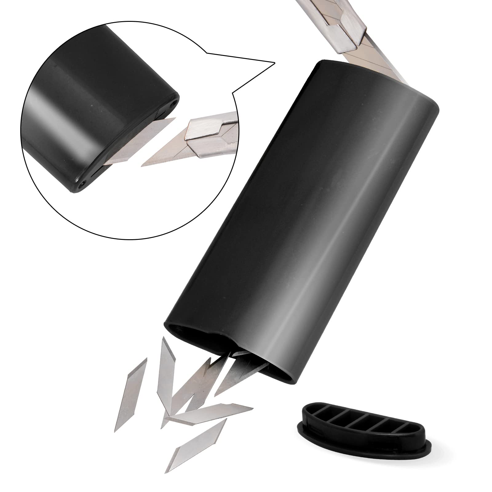 FOSHIO Black Razor Blade Disposal Container - Safety Storage Box for 30 Degree Snap Off Blades & Utility Knives | Secure Blade Bank for Workshop, Office, and Home Use