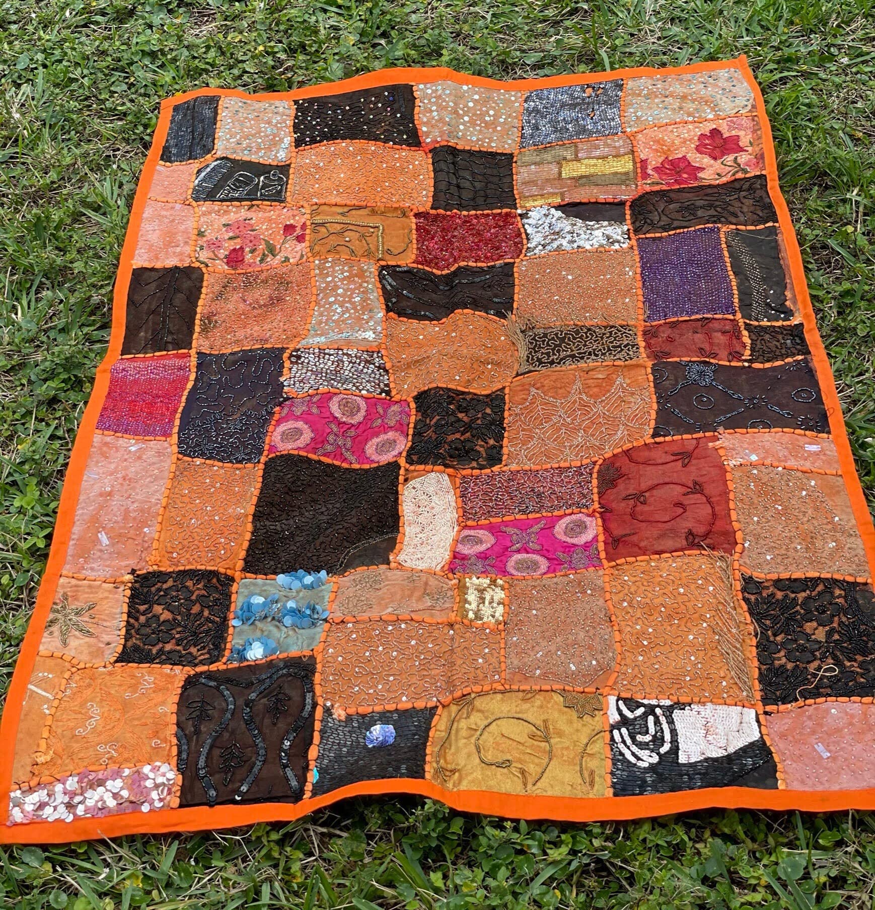 Indian Orange Wall Hanging Tapestry with Embroidery & Sequins - Bohemian Sari Patchwork Decor for Bedroom, Living Room, Dorm