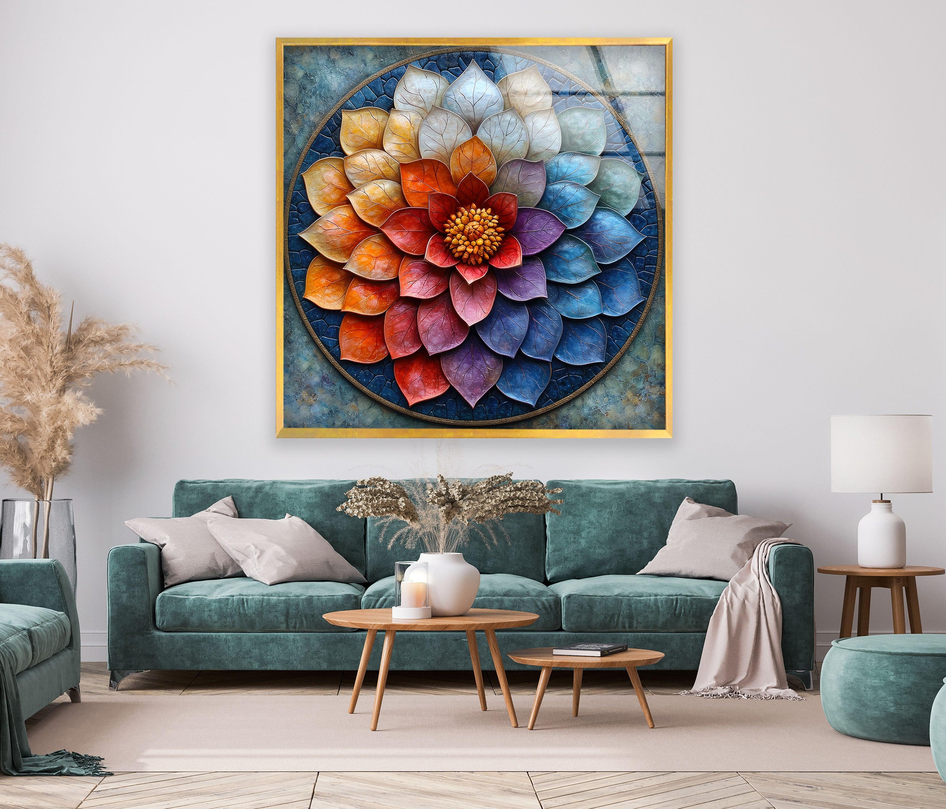Vibrant Floral Glass Wall Art Decor - Handmade Stained Glass Window Hanging for Home, Living Room, Bedroom, Office & Garden Decor
