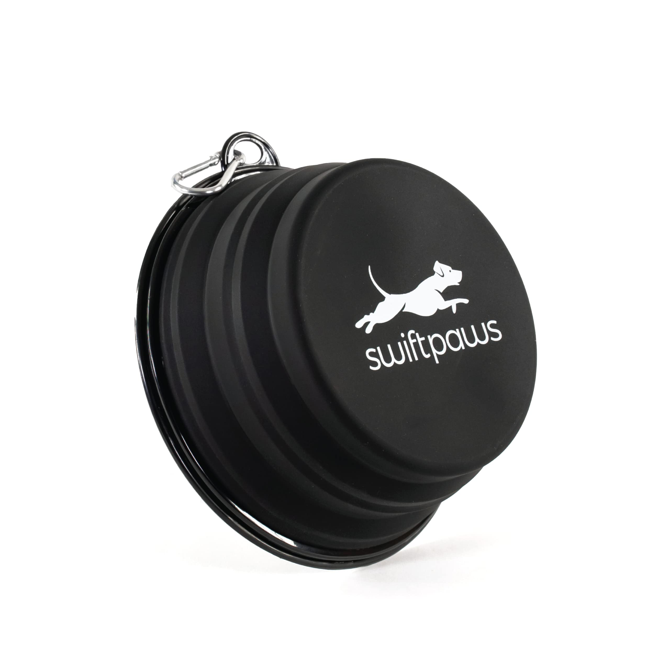 SwiftPaws Collapsible Dog Bowl - 32oz Portable Water & Food Dish for Small & Large Breeds - Lightweight Foldable Travel Bowl with Keychain Hook - Durable Silicone Pet Bowl (Black) - Perfect for Hiking, Camping & Outdoor Adventures