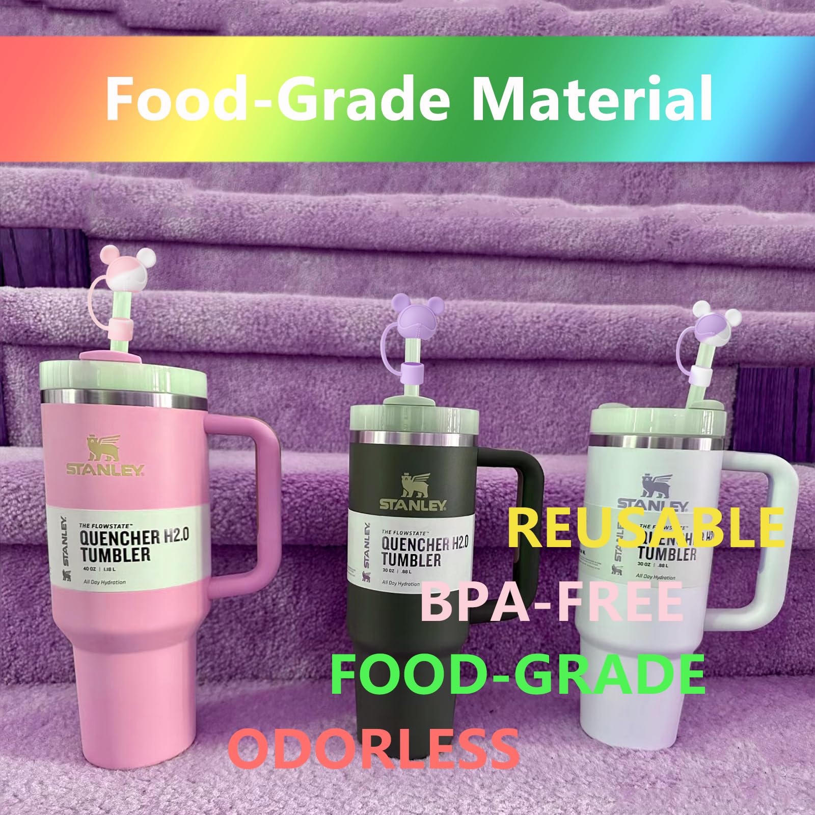 8 Pack Adorable Bear Straw Covers for Stanley 30 & 40 oz Tumblers - Reusable Silicone Straw Tips & Lid Protectors Fits 0.4 inch/10mm Straws - Cute Drink Accessories for Coffee, Smoothies & Iced Beverages
