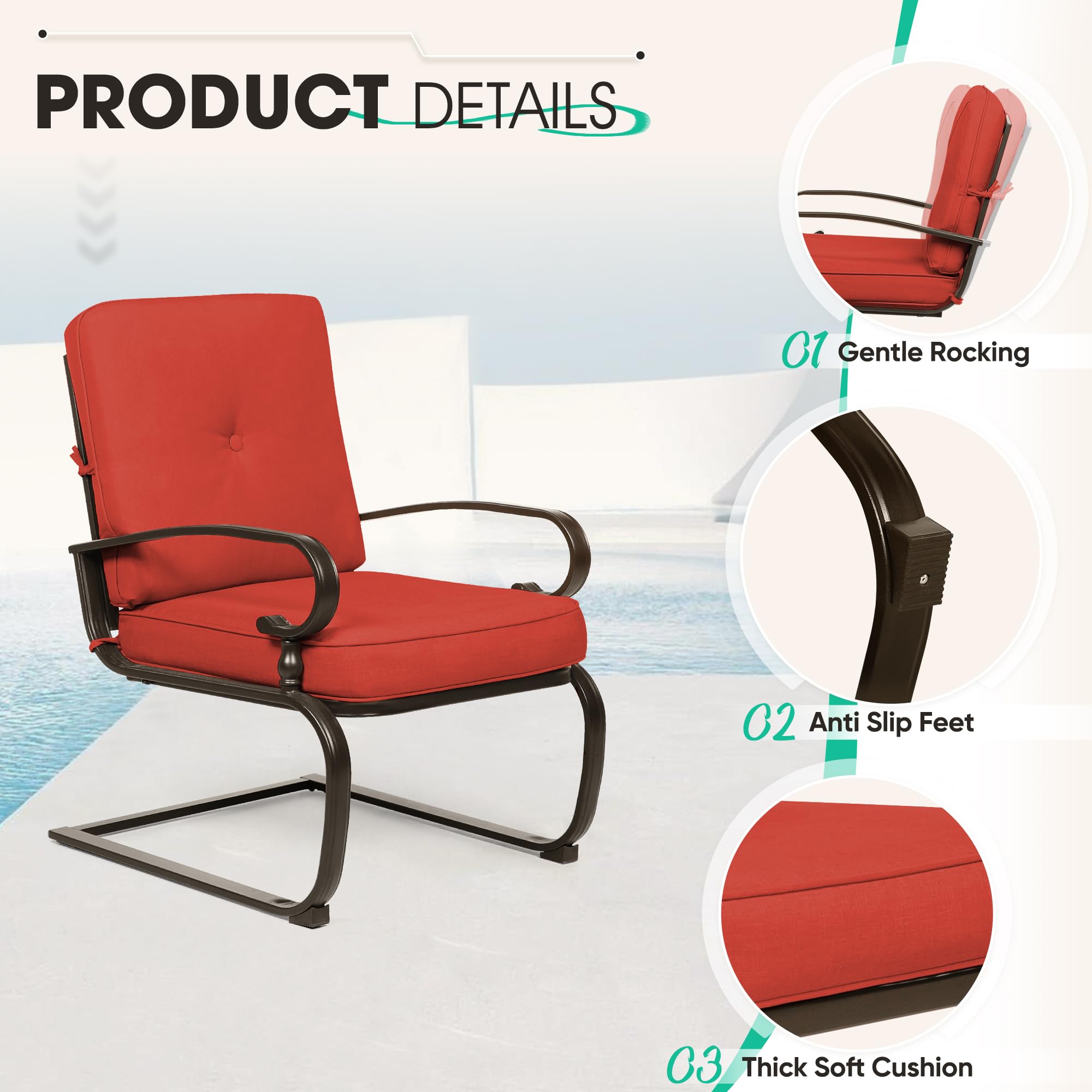 4Pcs Outdoor Metal Patio Furniture Set - Wrought Iron Glider, Bistro Table & 2 Spring Lounge Chairs (Red) - Perfect for Garden, Backyard, Porch & Poolside Relaxation