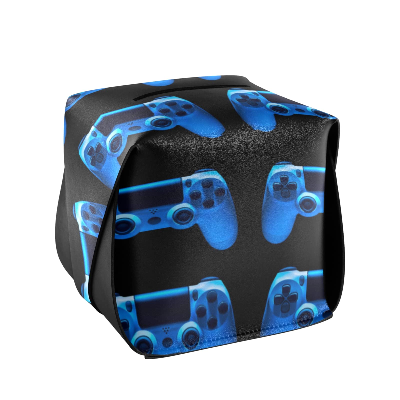 Blue Neon Light Video Game Joystick Shaped Leather Tissue Box Cover - 5.7x5.7x5.7 Inch with Handle for Bathroom, Home, Office & Car - Perfect for Gaming Rooms, Nightstands and Vanity Countertops