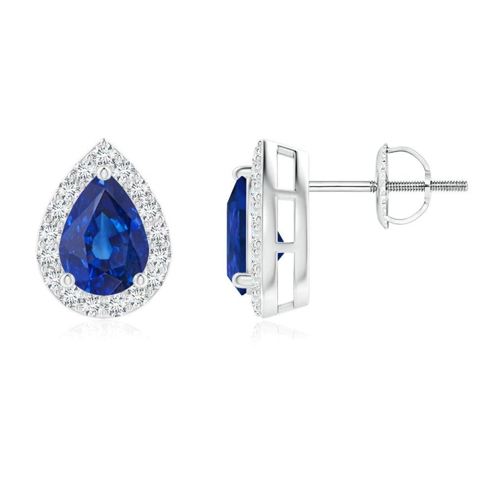 1.17 CT Pear Shaped Sapphire Halo Stud Earrings - Elegant Blue Gemstone Jewelry for Women, Perfect for Weddings, Anniversaries & Special Occasions