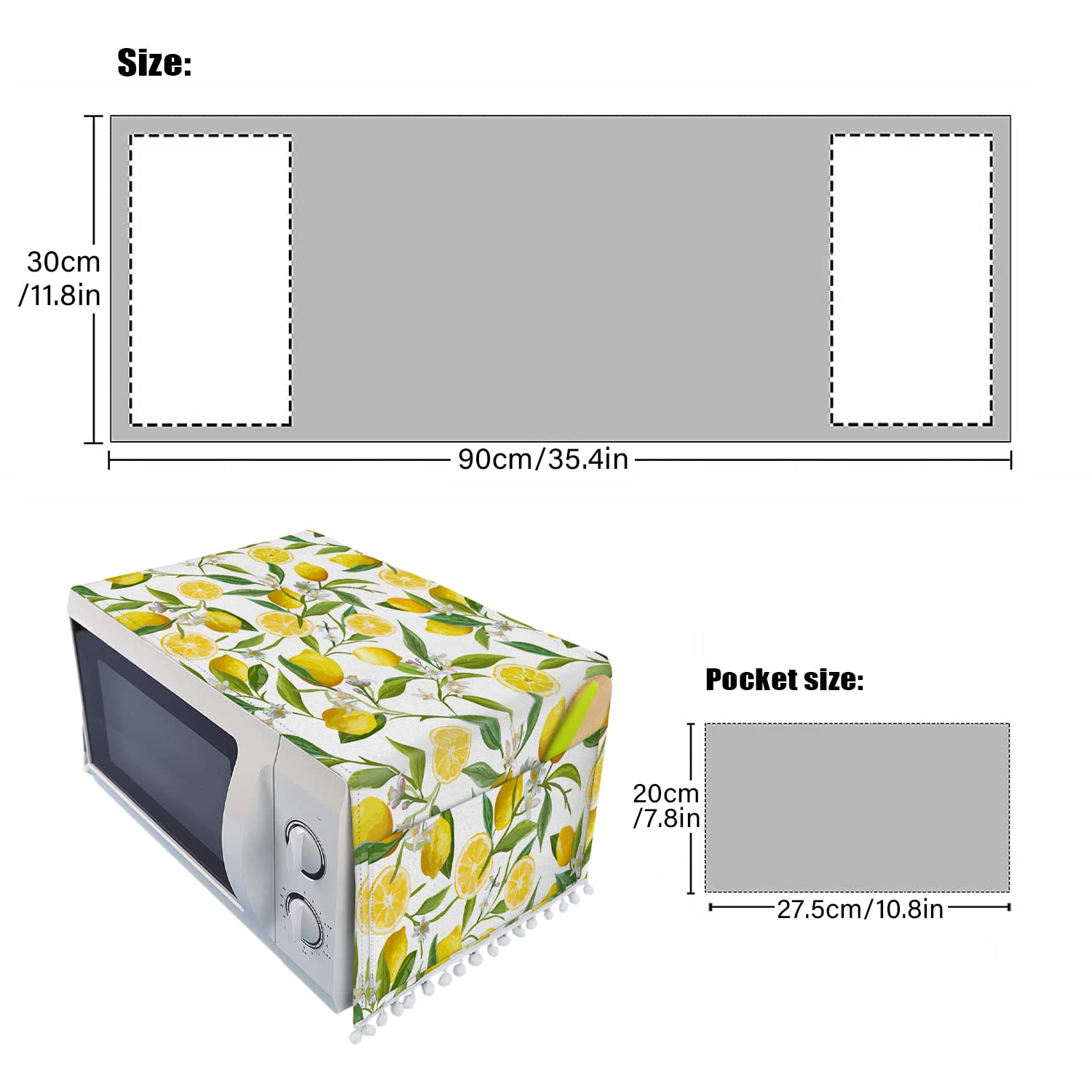 Microwave Oven Cover - Dustproof Linen Kitchen Appliance Protector with Side Pockets (11.8x35.4 inches, Lemon) - Perfect for Countertop Protection & Decorative Kitchen Storage