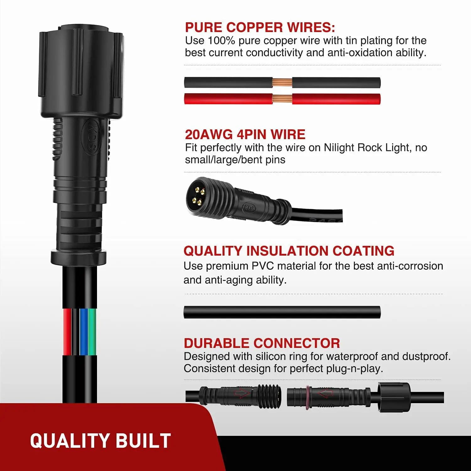 2PCS 10FT 4Pin RGB Rock Light Extension Wire Cable for 4 & 8 Pods - Waterproof LED Accessories for Off-Road Trucks, Jeeps & ATVs - Perfect for Underbody Lighting & Custom Car Decor