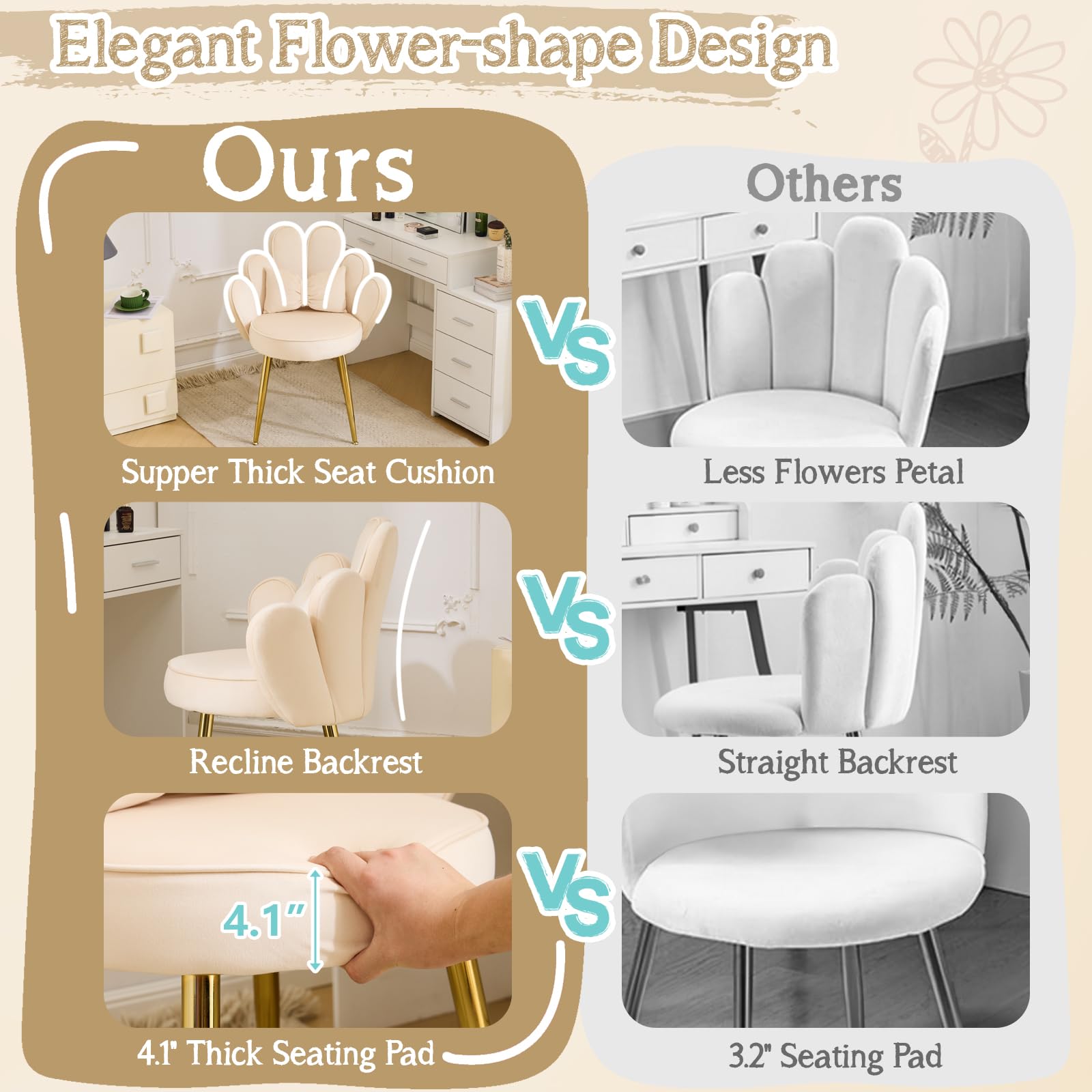 VINGLI Velvet Petal Makeup Vanity Chair with Back - Cute Flower Design Desk Chair, Adjustable Gold Legs & Bow Pillow - No Wheels Comfy Seating for Home Office, Bedroom, Dressing Room - Modern Accent Chair in Beige