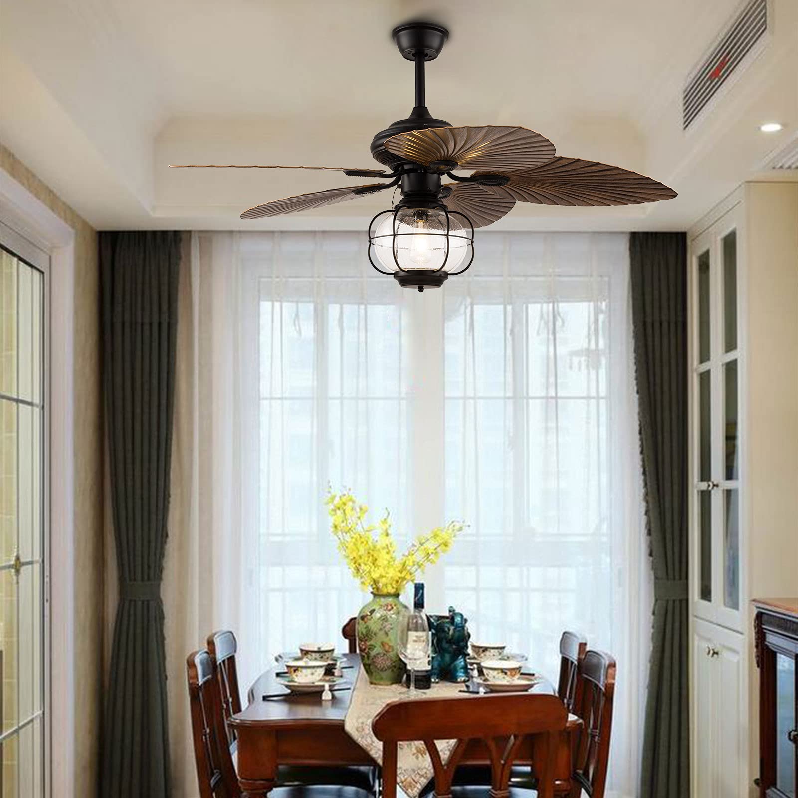 52-Inch Tropical Palm Chandelier Ceiling Fan with 5 Palm Leaf Blades - 3 Speed Remote Control, 5-Light Industrial Cage Design - Quiet Rustic Fan for Bedroom, Living Room, Patio & Indoor Spaces - Perfect for Coastal, Beach House and Boho Home Decor