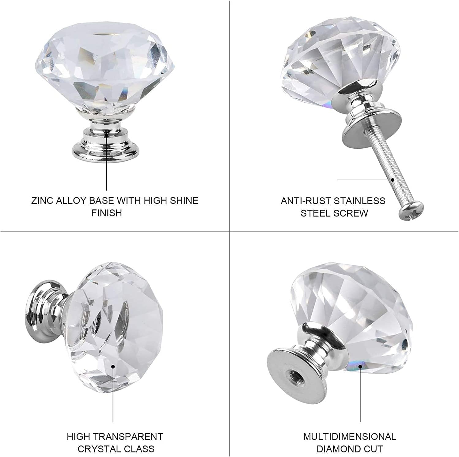 6-Pack Crystal Aluminum Alloy Wardrobe Knobs - Round Base Cabinet Pull Handles for Dresser, Cupboard & Furniture (30x31mm, White) - Perfect for Bedroom, Closet & Home Decor Upgrade