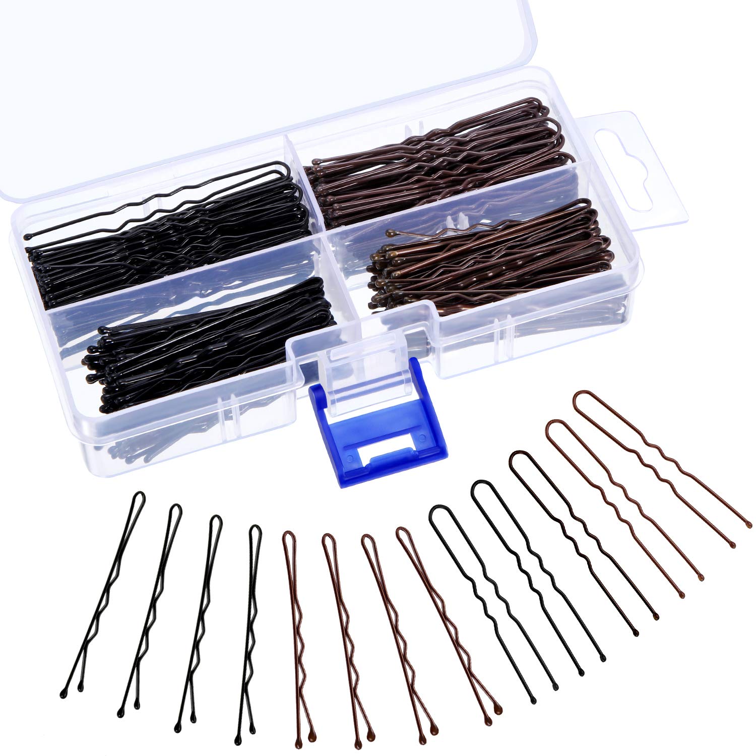 Hicarer 200-Piece U-Shaped Bobby Pins & Hair Clips Set - Black & Brown Metal Hairpins in Multiple Sizes with Clear Storage Box for Women, Girls - Perfect for Updos, Braids, Curly Hair & Everyday Styling