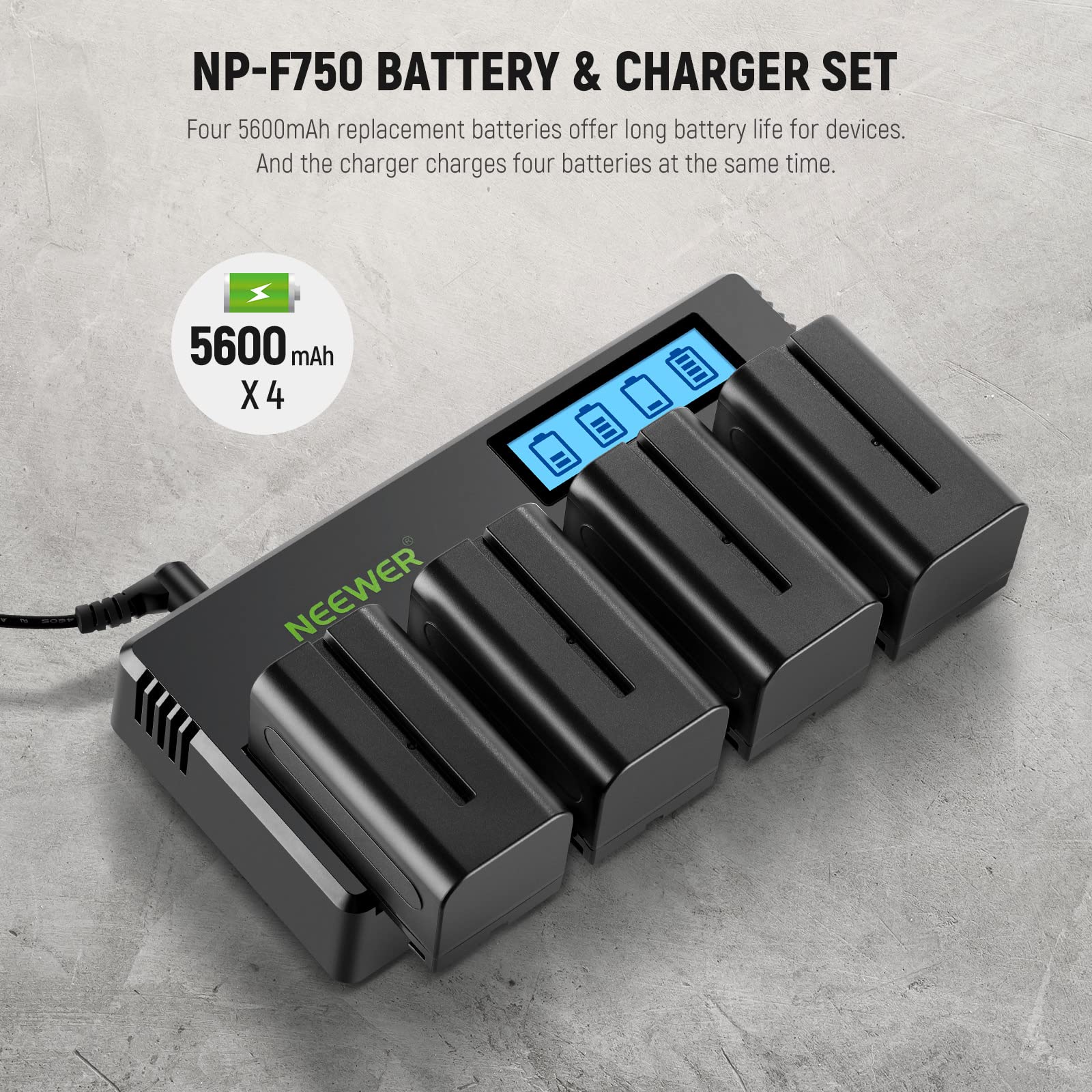 Neewer 4-Pack NP-F750 Replacement Batteries 7.4V 5600mAh with 4-Channel Charger & Adapter - Compatible with Sony NP-F550/750/770/970, FM500H, QM71D, QM91D - Power Camera Field Monitors, Video Lights & DSLR Equipment