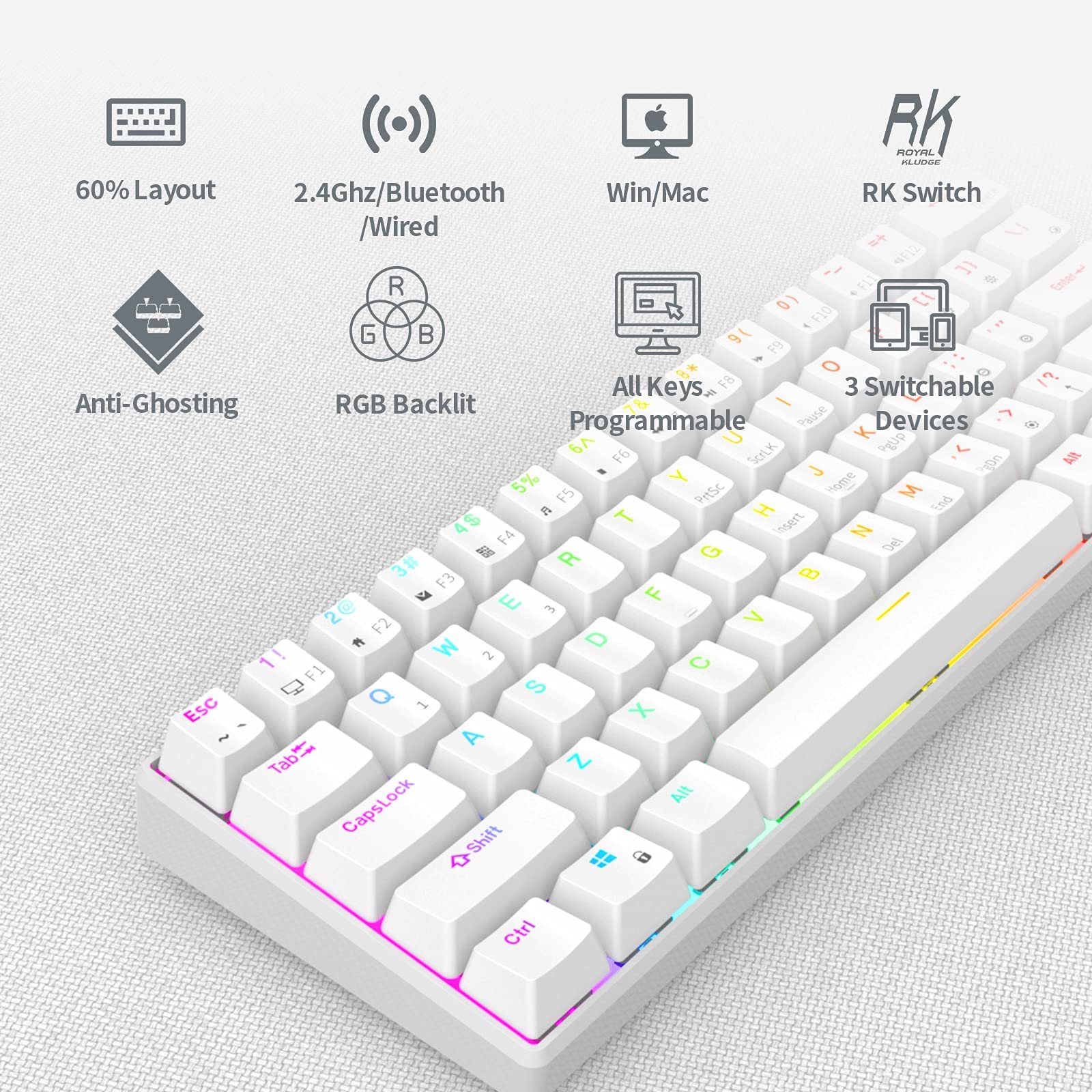 RK ROYAL KLUDGE RK61 60% Wireless Mechanical Keyboard - Black & White Combo, RGB Backlit, Hot-Swappable, Bluetooth/2.4G/USB-C 3 Modes - Compact Gaming Keyboard for PC, Mac, Laptop, Office & Esports