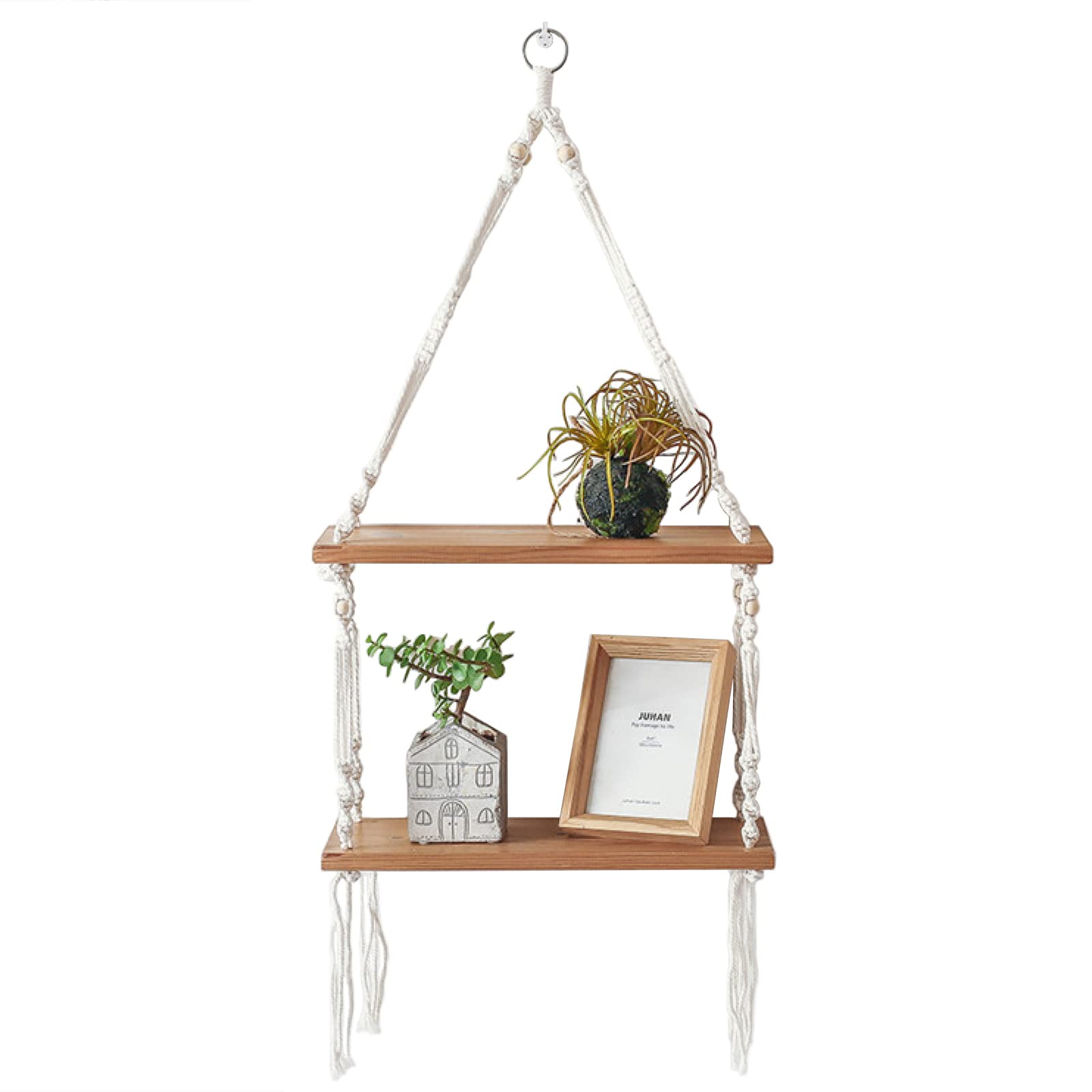 2 Tier Hanging Rope Shelves - Rustic Wooden Floating Wall Shelf for Plants, Flowers & Decor - Perfect for Living Room, Bedroom, Window & Terrace Display