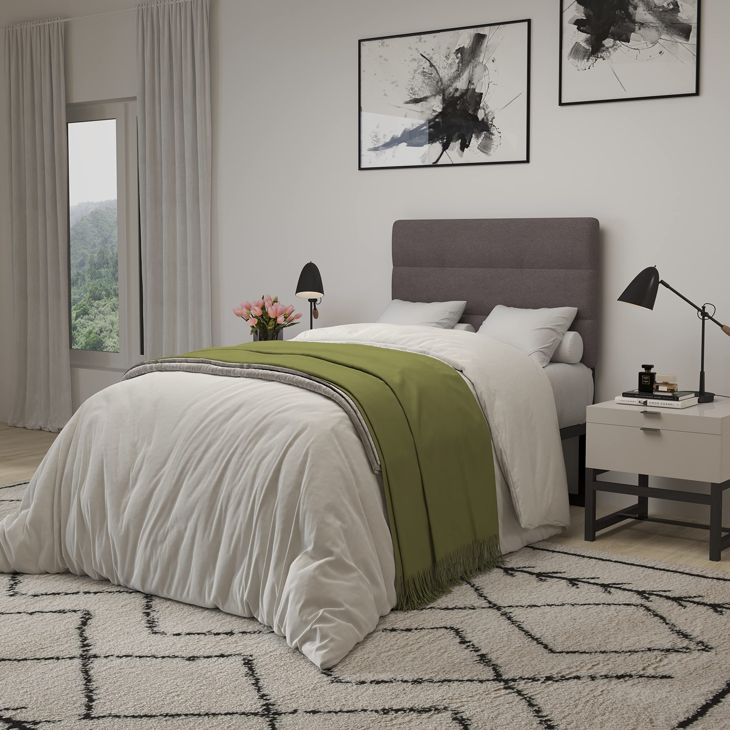 Merrick Lane Coppola Upholstered Headboard - Button Tufted Gray Fabric Queen Size Bed Frame with Adjustable Metal Legs - Perfect for Modern Bedroom Decor & Guest Room Setup