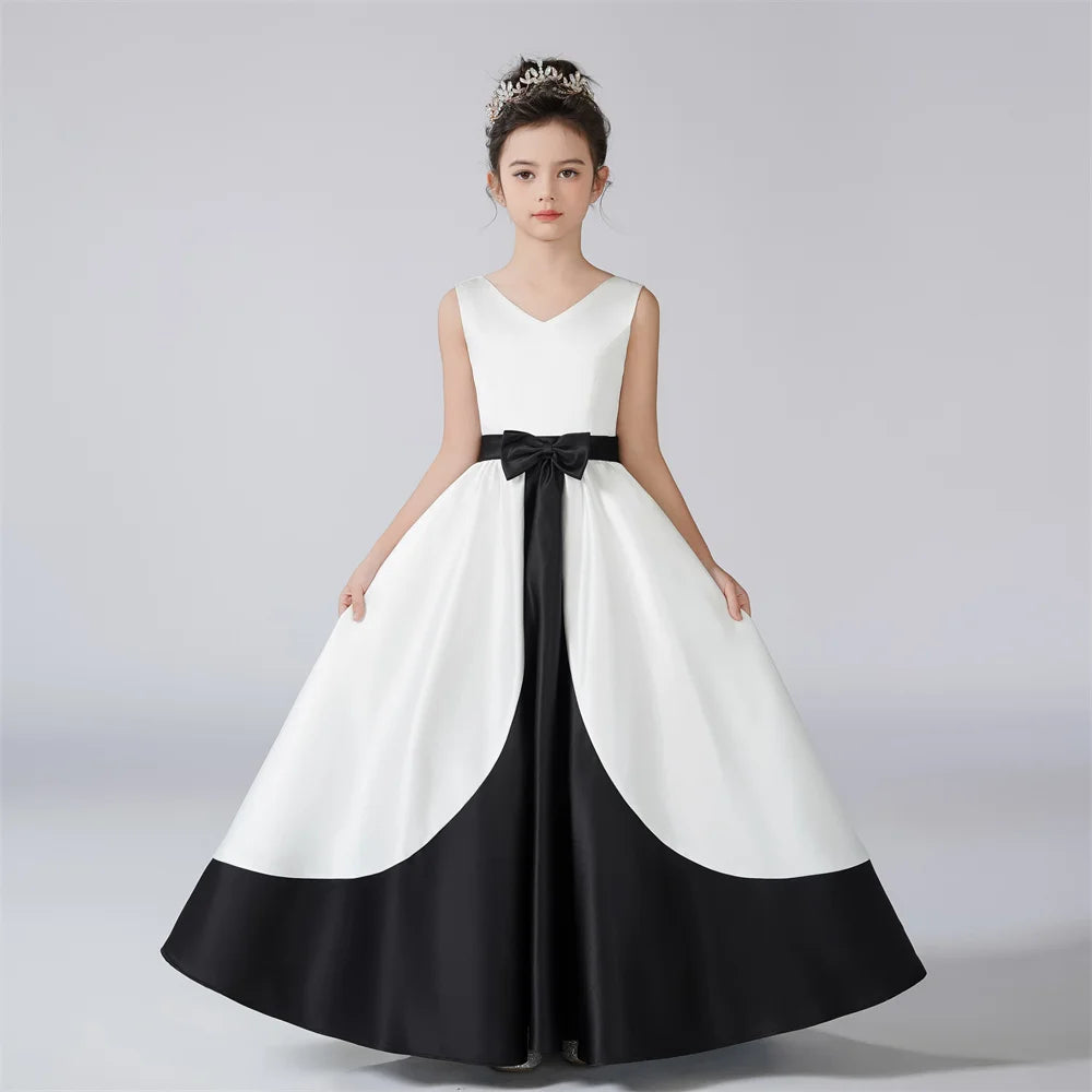 Black and White Detachable Bow Girls Party Dress - Elegant & Adjustable for Birthday, Wedding & Special Occasions