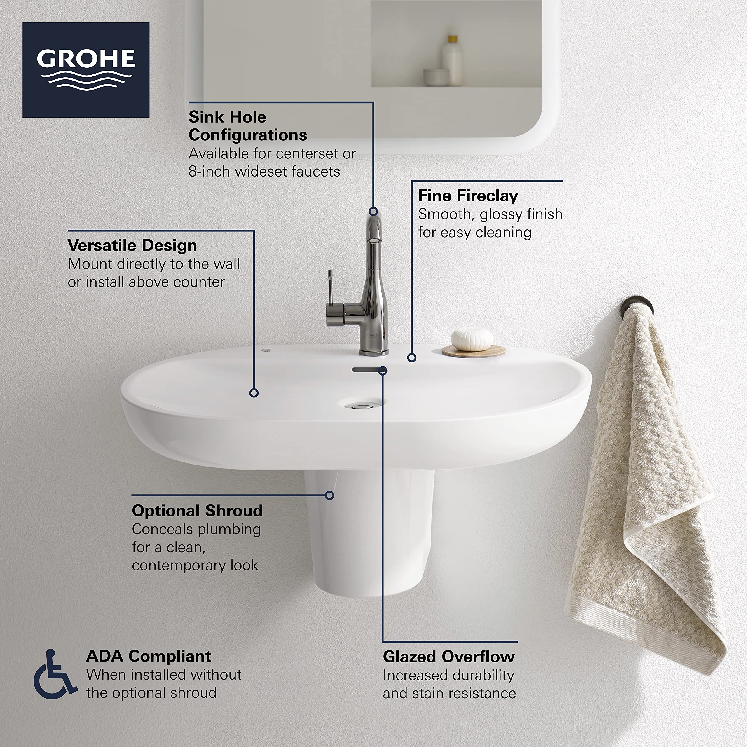 GROHE 39669000 Essence Bathroom Sink Faucet - Alpine White Finish - Single Handle Waterfall Spout for Modern Bathroom & Powder Room Renovation