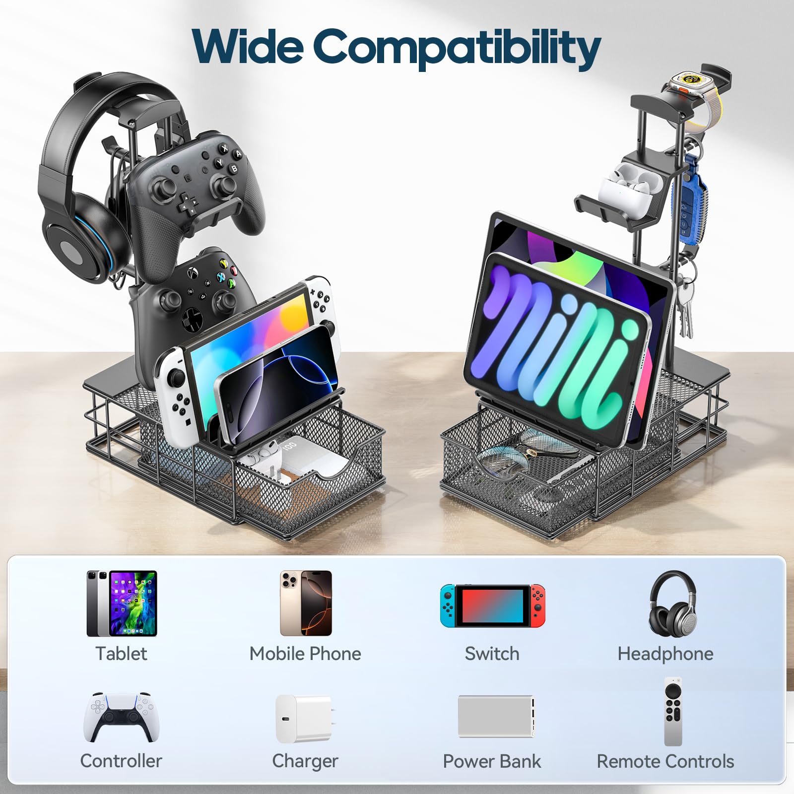 Premium Aluminum Headphone Stand with Drawer - Universal Gaming Headset & Controller Holder for Desk - Cable Management Organizer - Perfect for PC Gaming Setup, Home Office & Streaming Station Accessories Storage