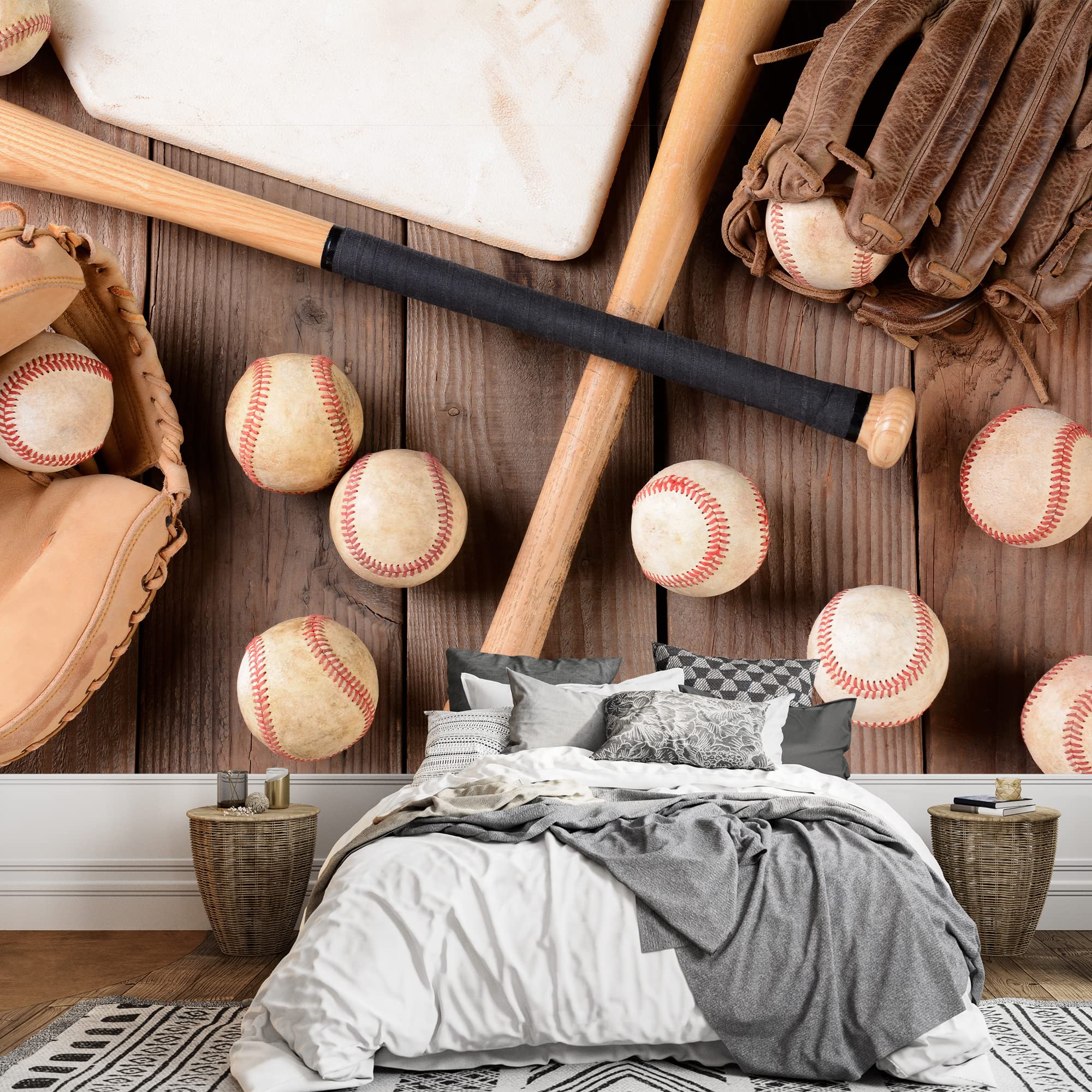 Wall26 - Vintage Baseball Equipment Wall Mural with Bats, Balls & Home Plate - Self-Adhesive Removable Wallpaper (100x144 inches) - Perfect for Man Cave, Sports Bar, or Baseball Themed Room Decor
