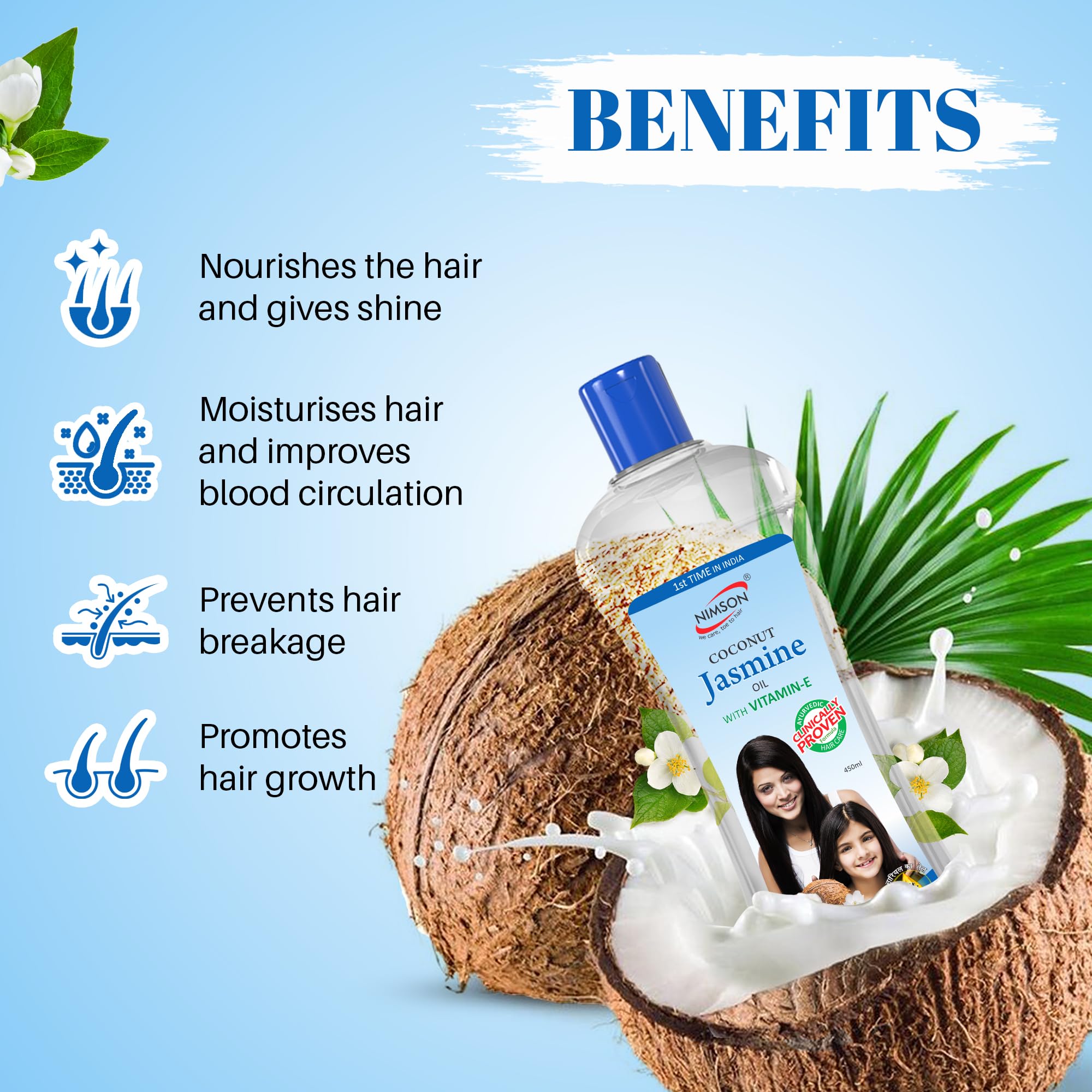 Nimson Coconut Jasmine Hair Oil with Vitamin E for Shiny, Long Hair Growth - 450ml | Natural Hair Treatment for Dry, Damaged Hair | Perfect for Daily Use & Scalp Massage
