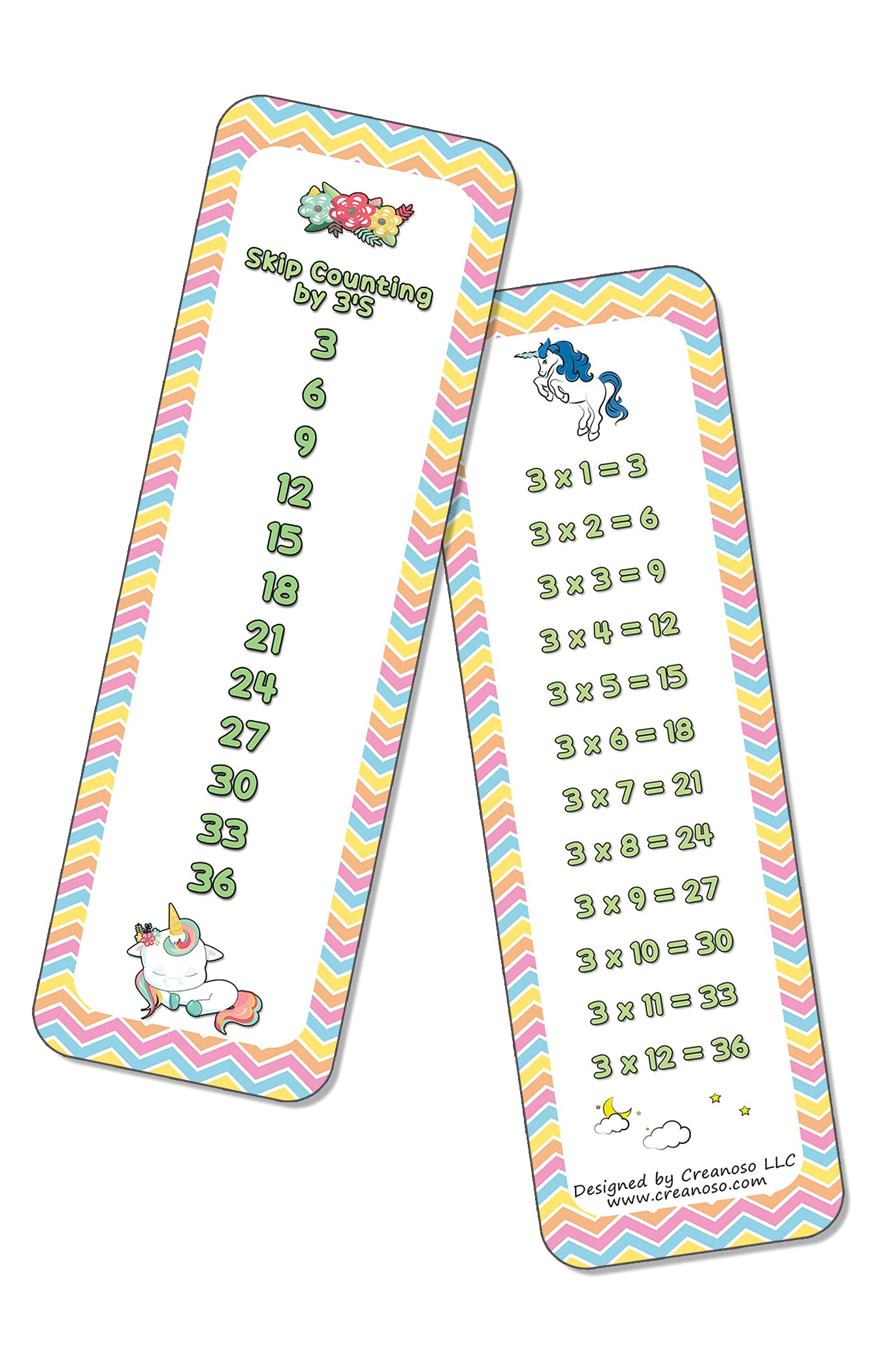 Creanoso Skip Counting Chart Bookmark Cards - Cute Unicorn Theme (2 Sets of 11 Cards) - Homeschool Math Learning Tools for Kids - Perfect for Classroom, Home Study & Gift Giving