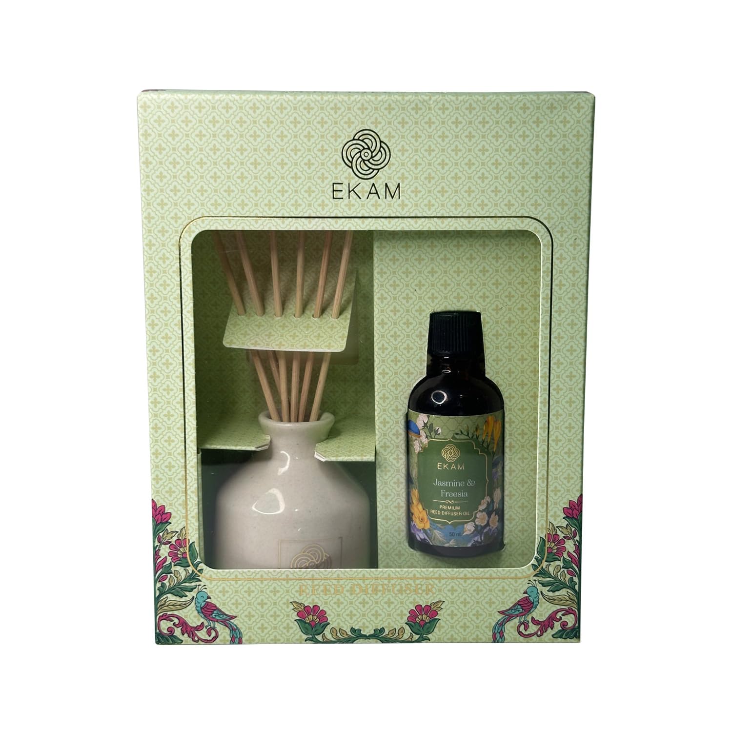 EKAM 50ml Reed Diffuser Set - Jasmine & Freesia Scented Oil with 8 Rattan Sticks | Long-Lasting Home Fragrance for Bedroom, Living Room, Office | Perfect for Relaxation, Aromatherapy & Holiday Gifting