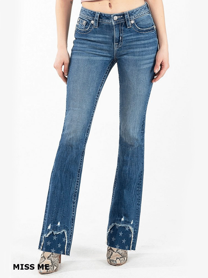 Miss Me M3636B61 Women's Mid Rise Bootcut Jeans - Medium Blue Denim Pants for Casual Wear & Everyday Outfits