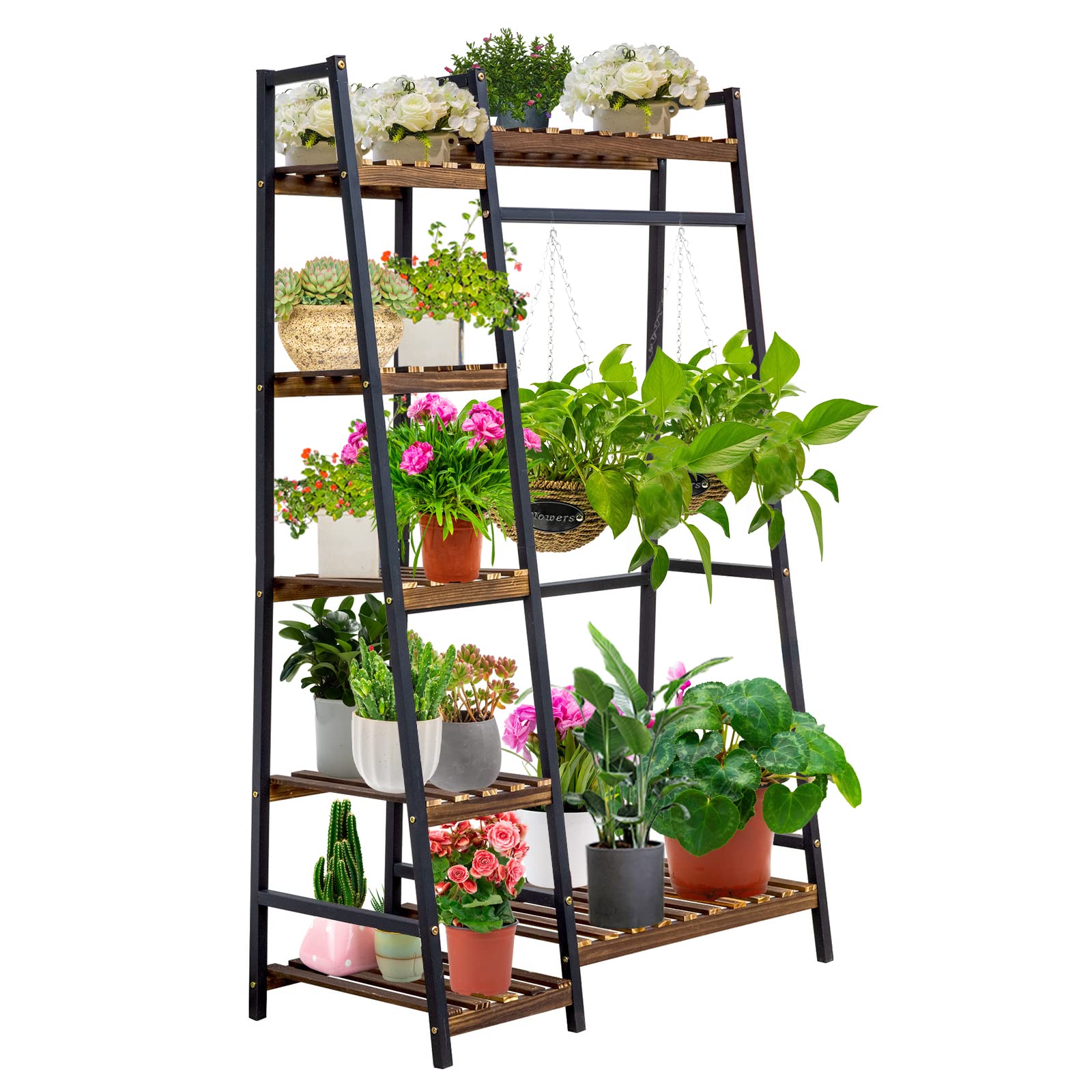 5-Tier Black Metal & Wood Hanging Plant Stand for Indoor/Outdoor - Tall Ladder Shelf with Hanging Bar for Multiple Plants, Flowers & Home Decor | Perfect for Living Room, Balcony, Garden & Office Spaces