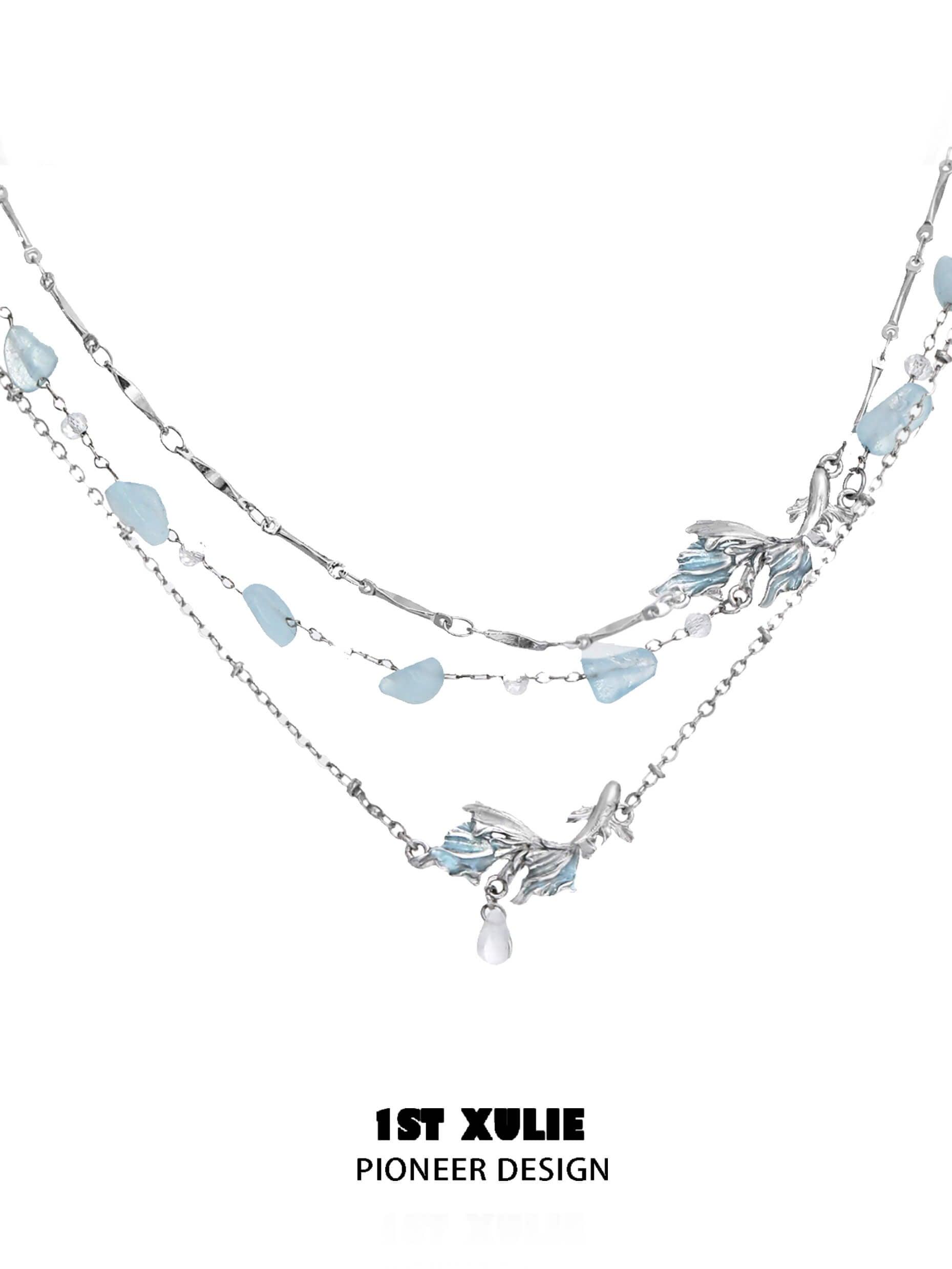 18K Platinum Plated Titanium Chain Necklace with Aquamarine Goldfish Pendant - Elegant Jewelry Gift for Women, Perfect for Birthdays, Anniversaries & Special Occasions
