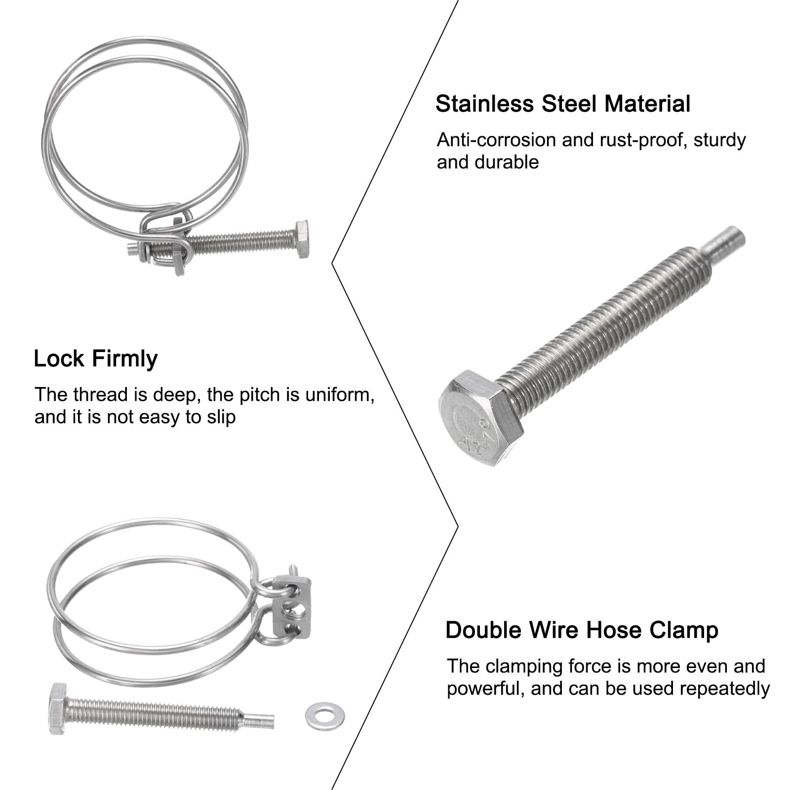uxcell 6Pcs Stainless Steel Double Wire Hose Clamps 58-65mm Adjustable with M8 Bolt - Heavy Duty Clips for Dust Collection Hose, Pump Pipe, Automotive & Industrial Applications