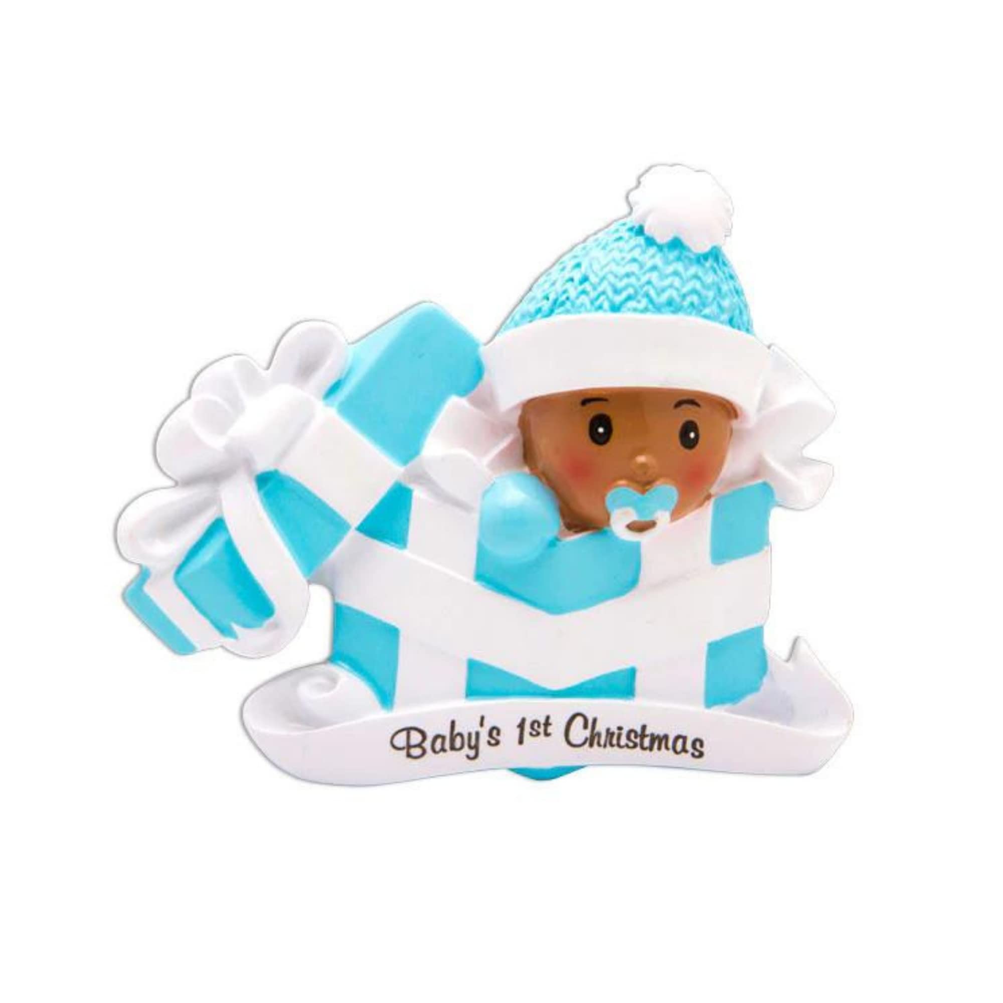 Personalized Baby's First Christmas Ornament 2024 - African American Boy in Gift Box - Custom Newborn Keepsake - Free Engraving - Perfect for Holiday Decor & Baby Shower Gifts