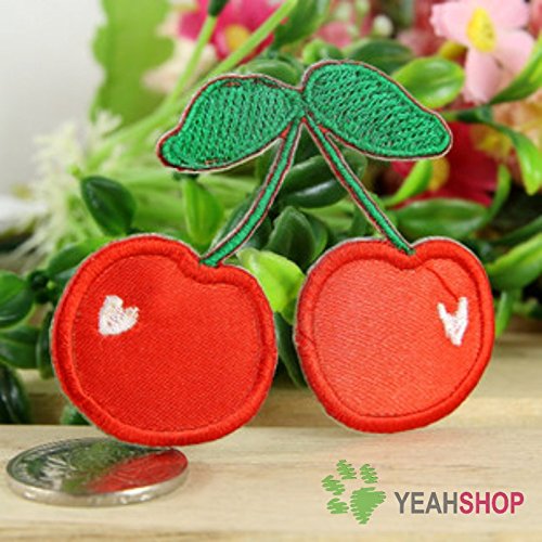 Iron on Fabric Patches - Red Cherries Applique - Set of 2 - DIY Sewing & Clothing Repair - Perfect for Jeans, Jackets, Hats & Backpacks
