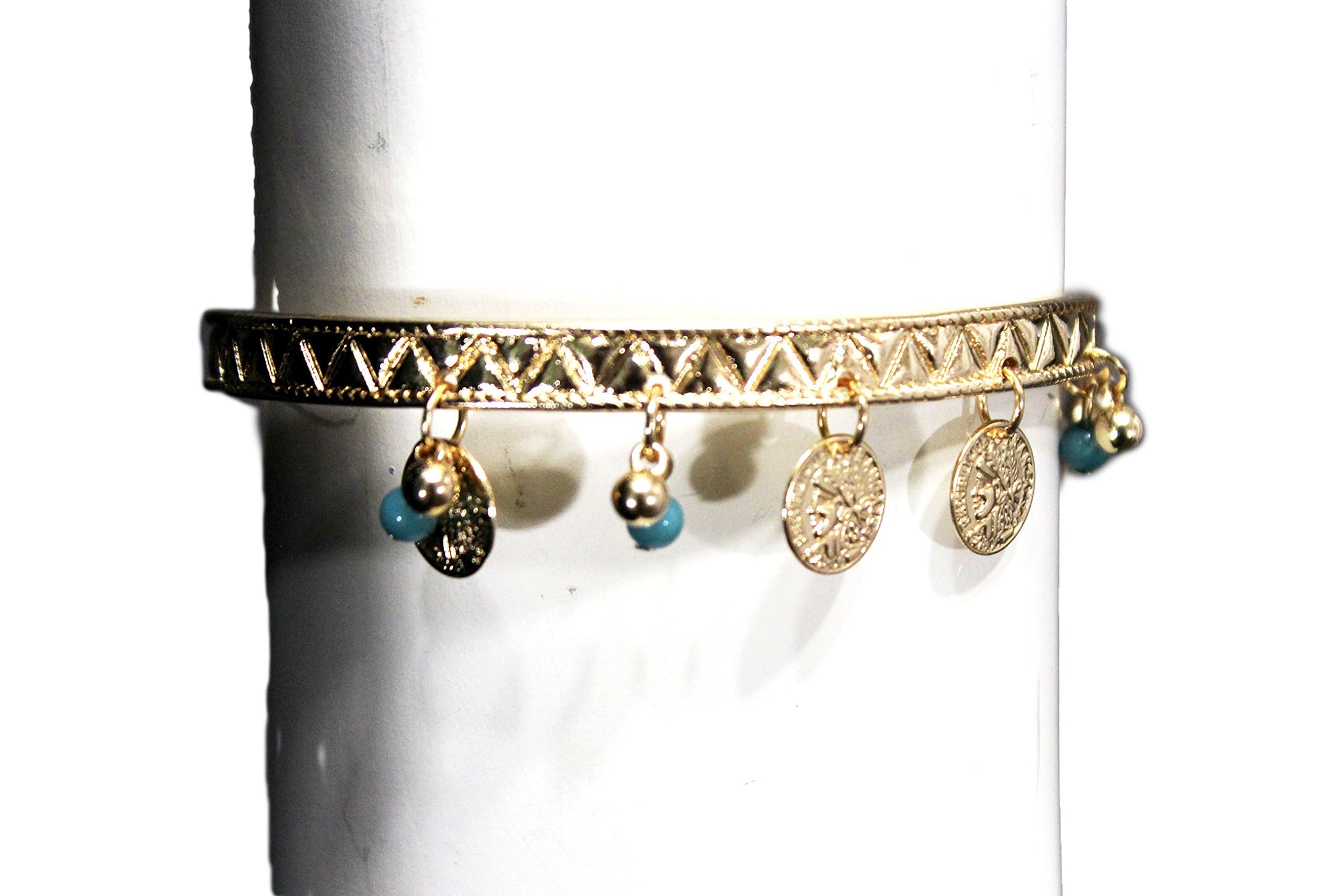 TFJ Women's Fashion Jewelry - Elegant Metal High Arm Cuff Bracelet with Gold Coins & Turquoise Beads, Wrap Around Bangle for Boho Chic Style - Perfect for Parties, Weddings and Festival Outfits