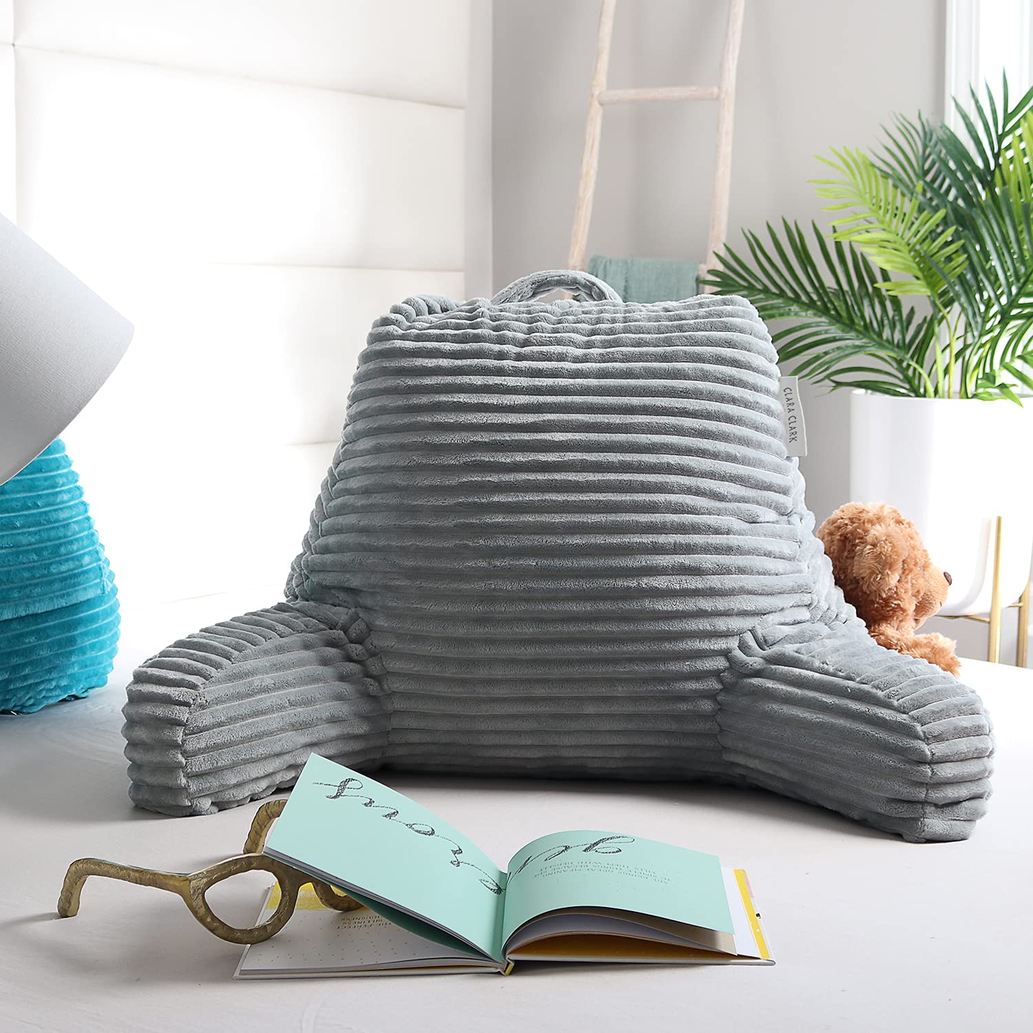 Clara Clark Reading Pillow for Adults - Plush Back Support Pillow with Arms & Pockets for Sitting in Bed, Shredded Foam Bed Rest Pillow (Silver) - Perfect for Reading, Watching TV, or Relaxing in Bed