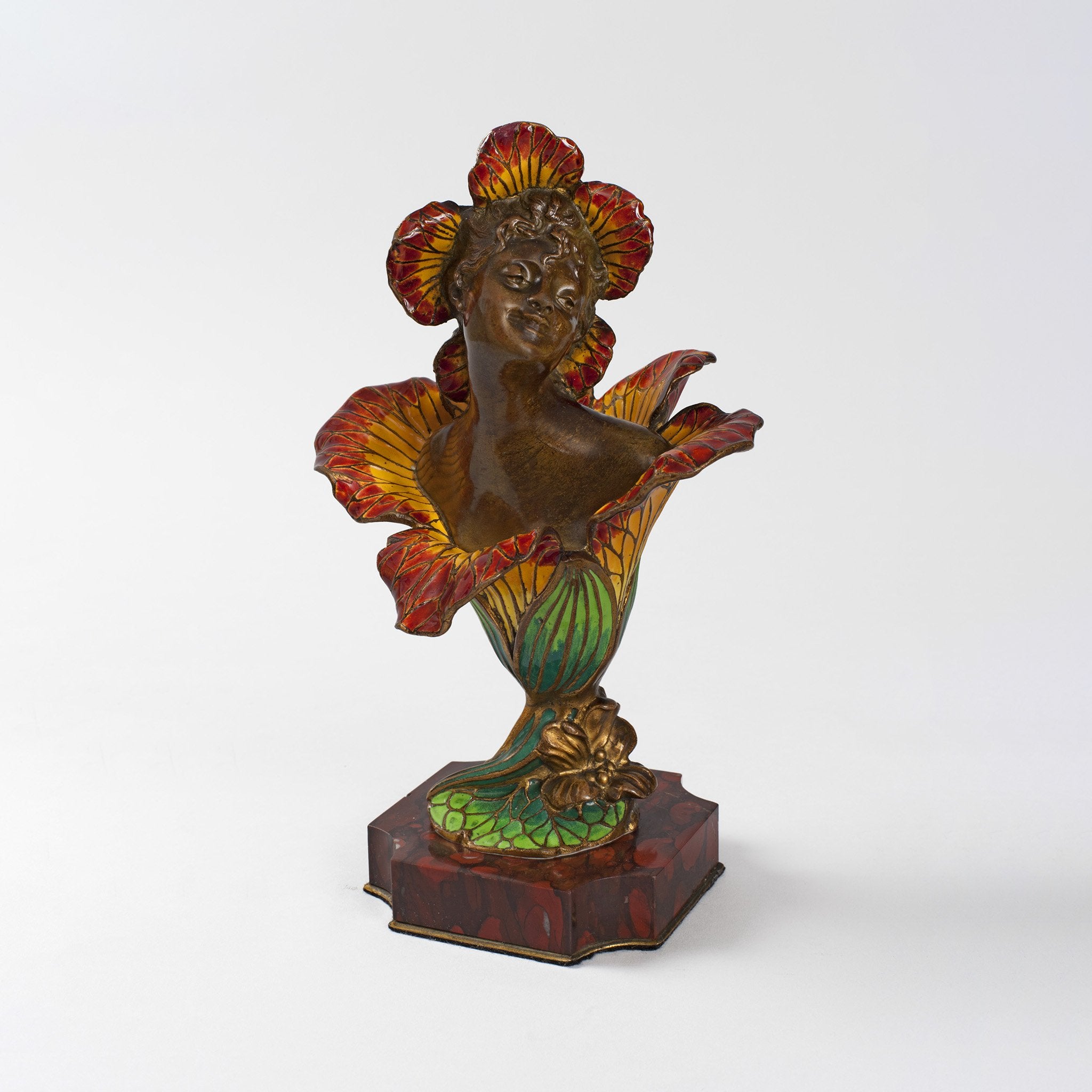 Henri Godet Enameled Bronze Femme Fleur Sculpture - Elegant French Art Deco Flower Woman Statue for Home Decor, Office & Garden