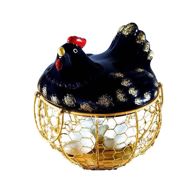 VREF Hand-Painted Ceramic Egg Basket with Handle - Rustic Chicken Egg Holder, Fruit Storage Container & Kitchen Decor - Perfect for Farmhouse Style Kitchens, Easter Decorations & Fresh Produce Display
