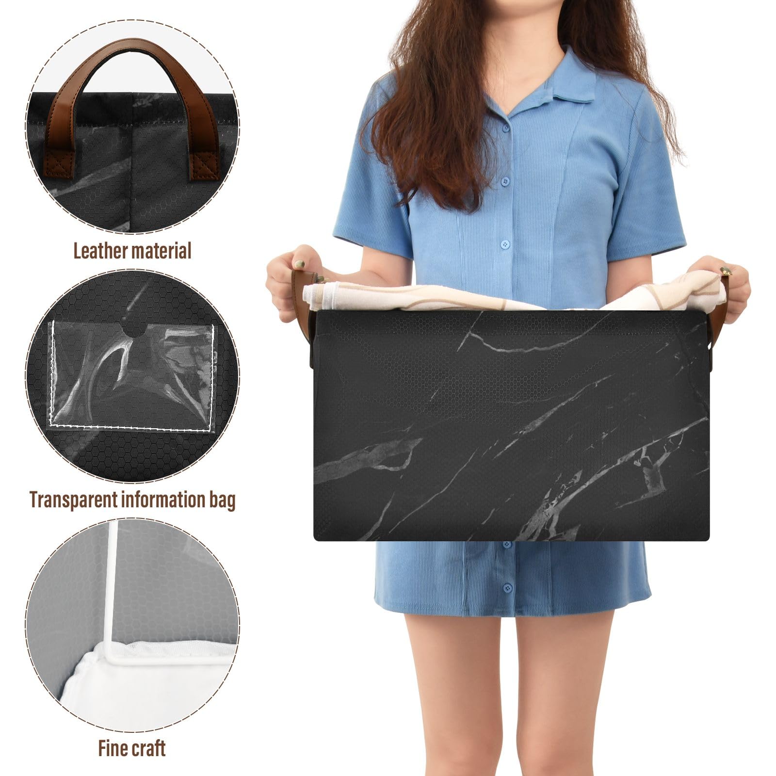Black Marble Storage Bin with Convenient Decor Basket & Modern Laundry Basket - Perfect for Home Organization, Closet Storage & Laundry Room Decor