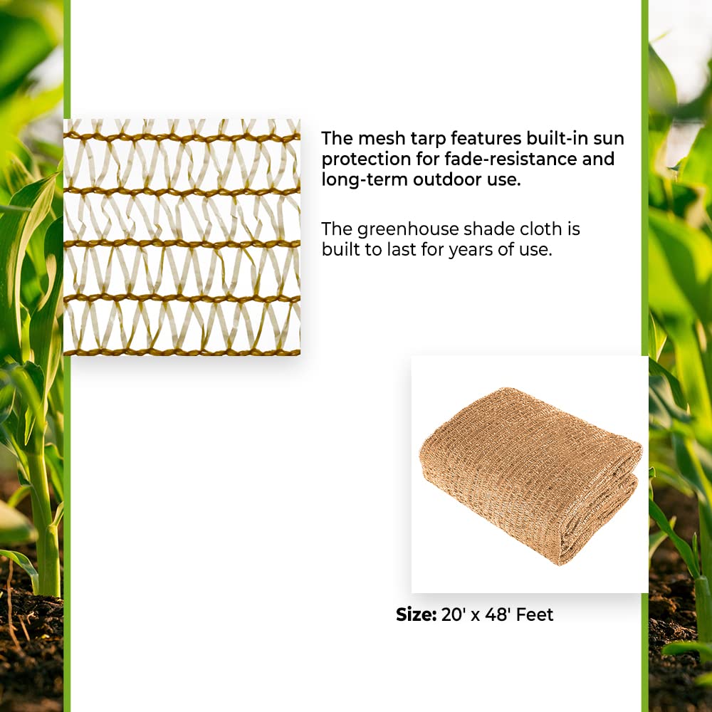 **Grow1 Greenhouse 30% Shade Cloth Net - 20' x 48' Beige Garden Cover for Plants, Chicken Coop & Tomato Protection | UV-Resistant, Durable & Breathable for Outdoor Use**