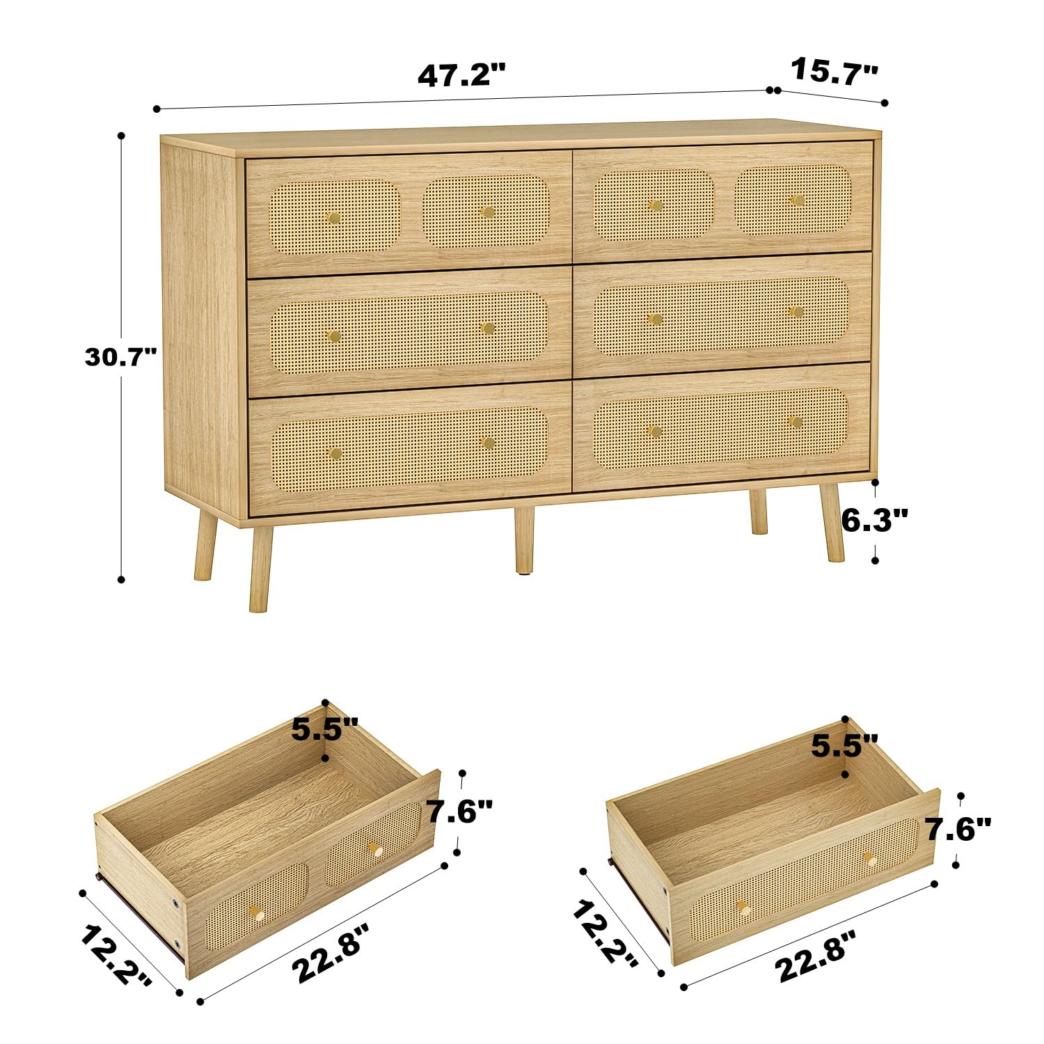 Modern Rattan Dresser for Bedroom - 6 Drawer Double Dresser with Gold Handles, Natural Wood Storage Chest - Perfect for Bedroom Organization & Home Decor