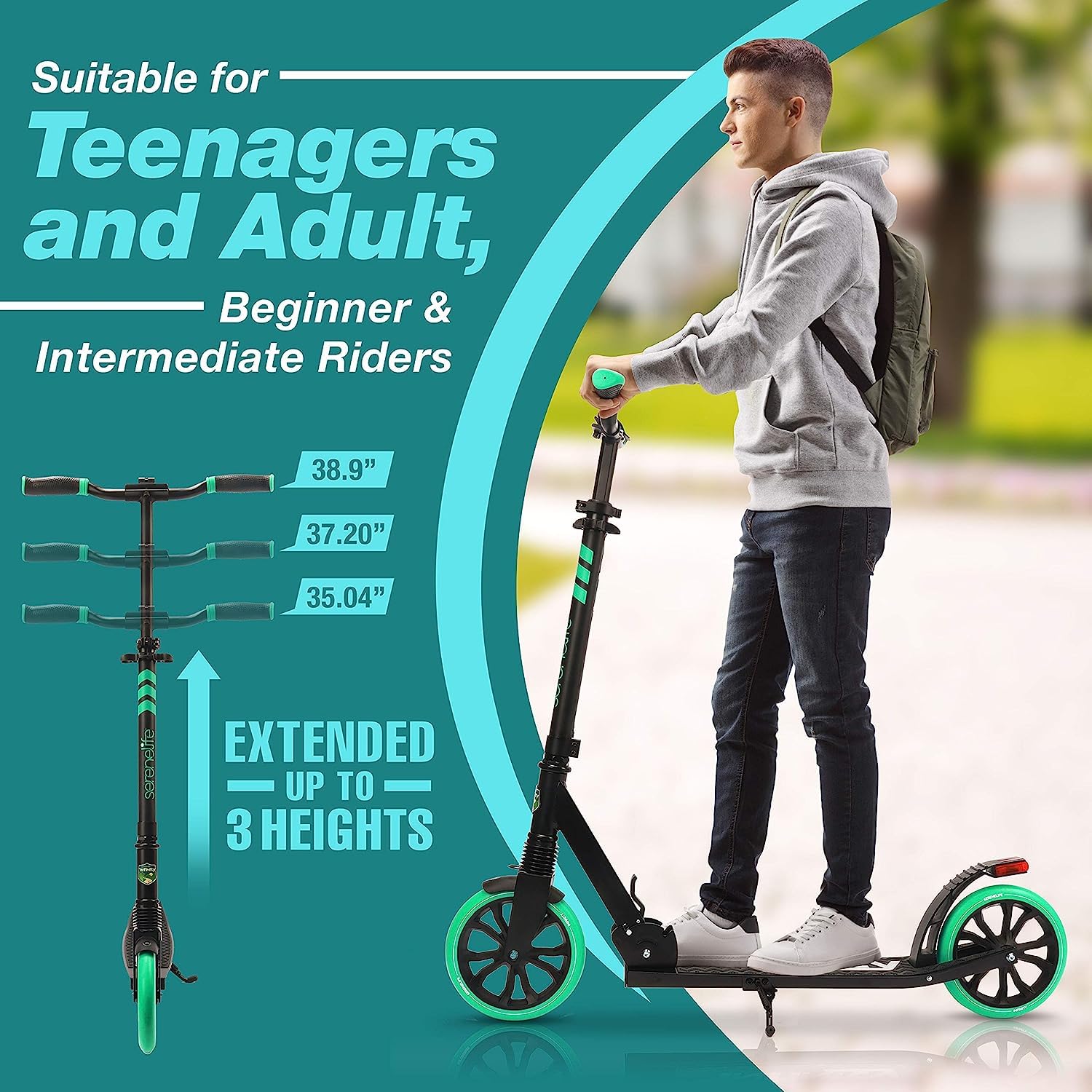 SereneLife Adjustable Kick Scooter for Adults, Teens & Kids - 2-Wheel Folding Scooter with Anti-Slip Alloy Deck & Carrying Strap - Perfect for Commuting, School, Park Rides & Outdoor Fun