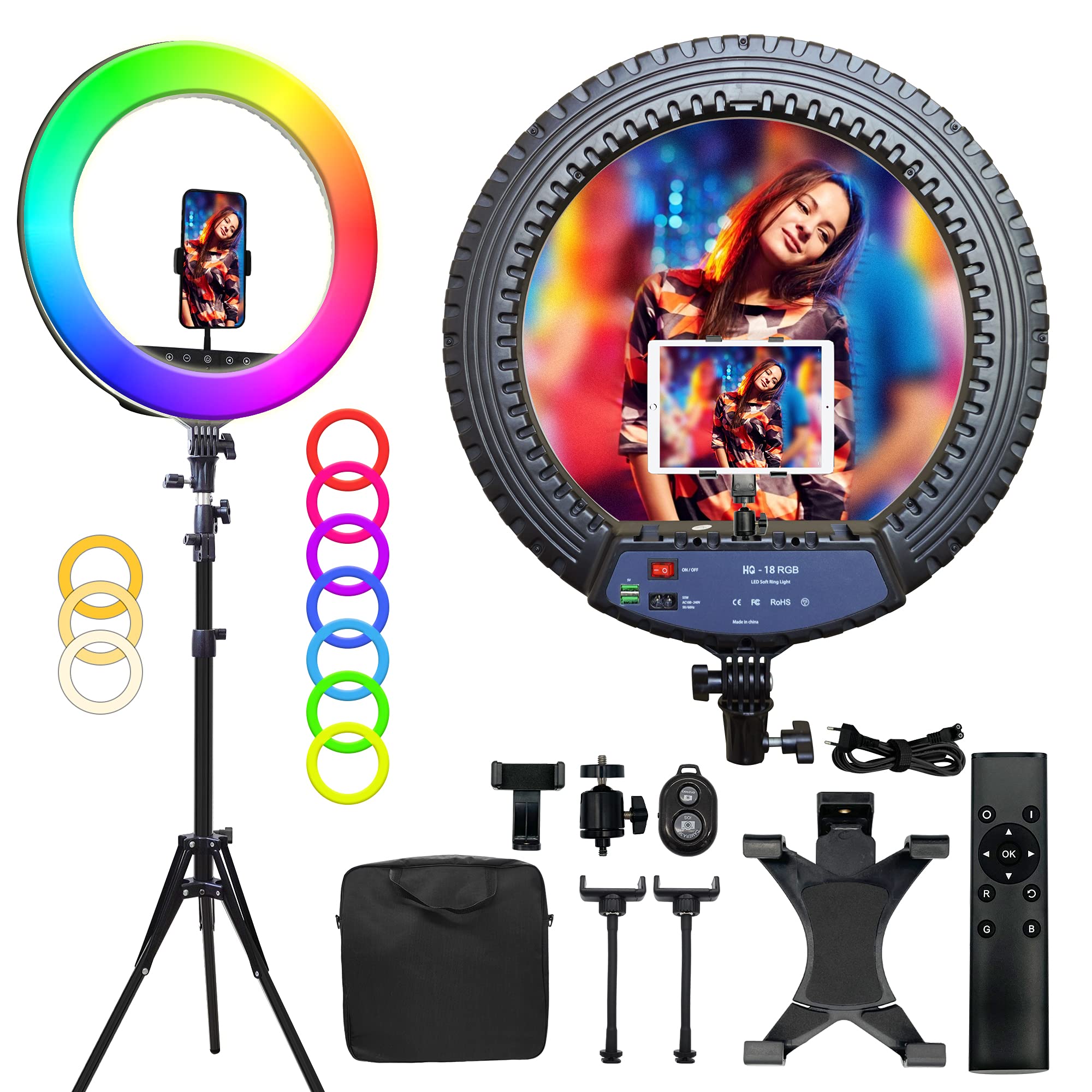 18 Inch Dimmable RGB LED Ring Light Kit - 3000K-6500K Color Temperature, 10 Brightness Levels up to 5000 Lux with Stand, Phone & Camera Holder & Wireless Remote - Perfect for Live Streaming, Makeup, YouTube Videos, TikTok Content Creation and Photography