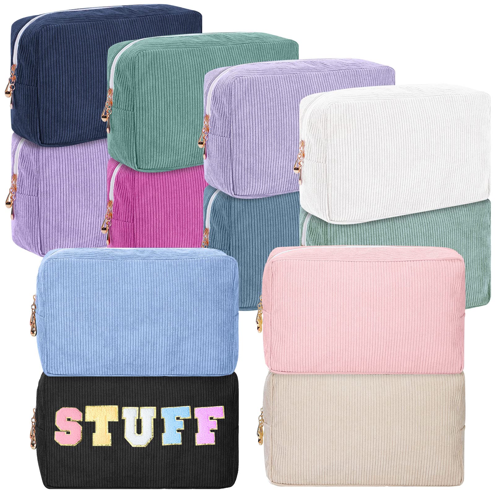 Amylove 12 Pack Christmas Corduroy Makeup Bags - Large Capacity Cosmetic Organizer for Women, Preppy Travel Makeup Pouch, DIY Plain Storage Purse (Mixed Colors) - Perfect for Holiday Gifts, Daily Use & Travel Essentials