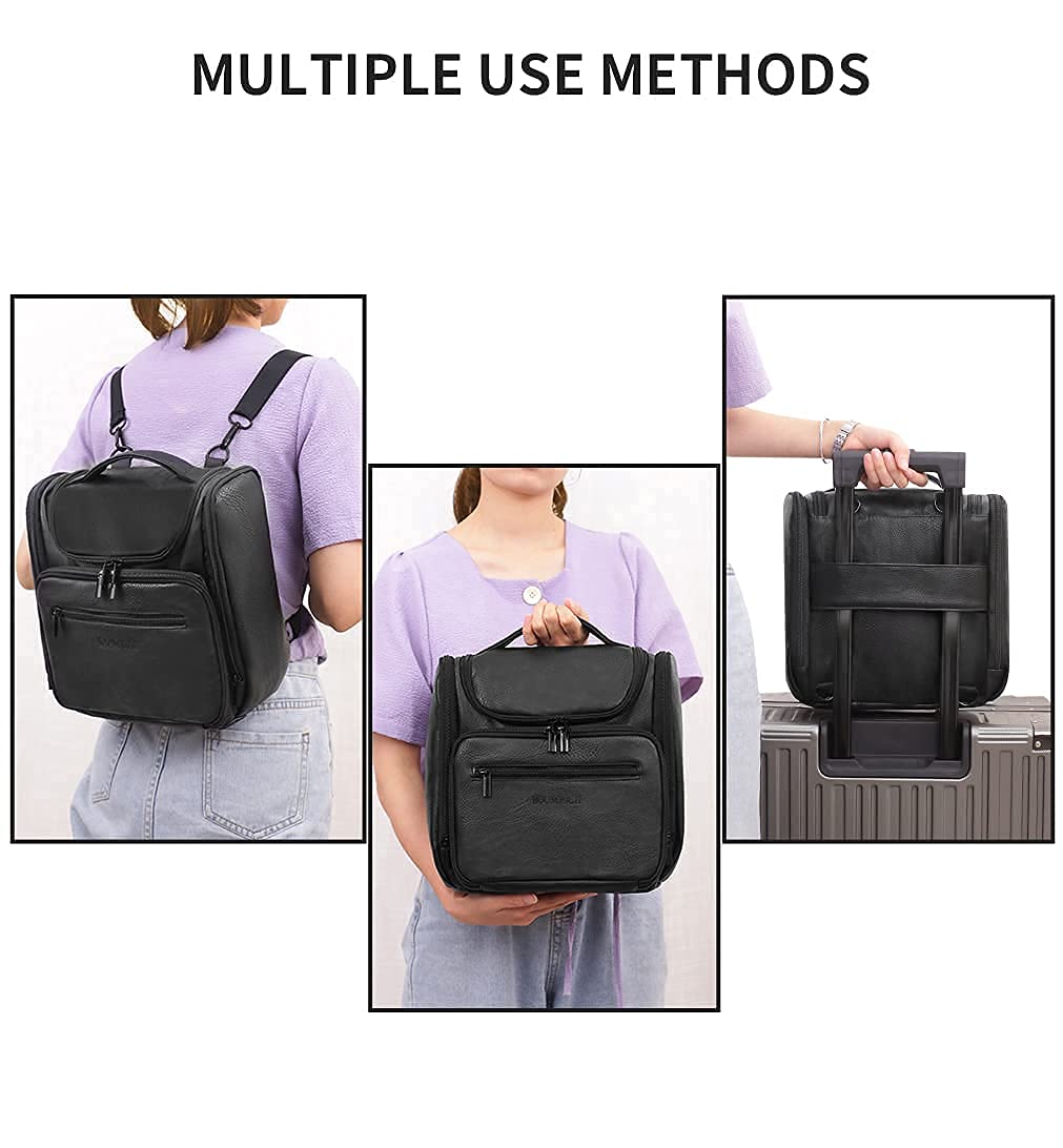 BOOMRICH Premium Leather Hanging Toiletry Bag for Women & Men - Large Travel Makeup Organizer with 360° Hook - Fits Full-Sized Containers, Cosmetics & Brushes (Black) - Perfect for Air Travel, Camping & Gym Essentials