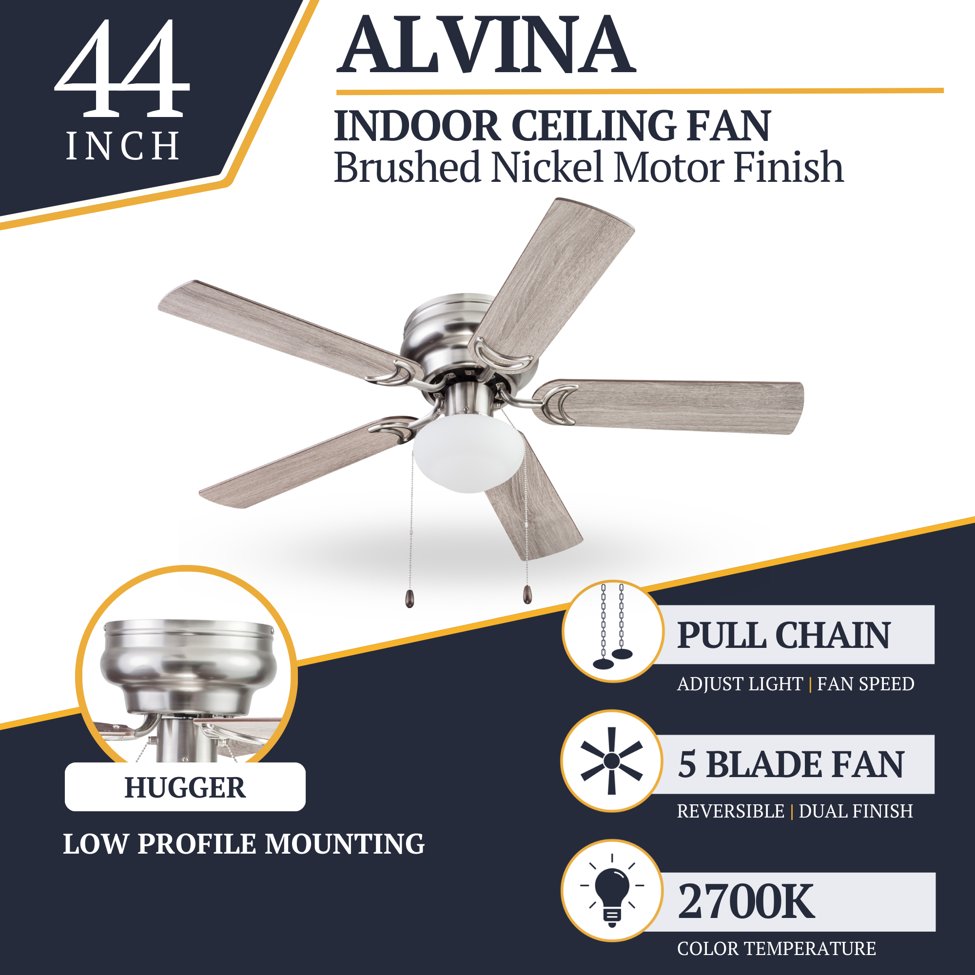 44 Inch Alvina Ceiling Fan with Pull Chain in Satin Nickel Finish - Perfect for Living Room, Bedroom, and Outdoor Spaces